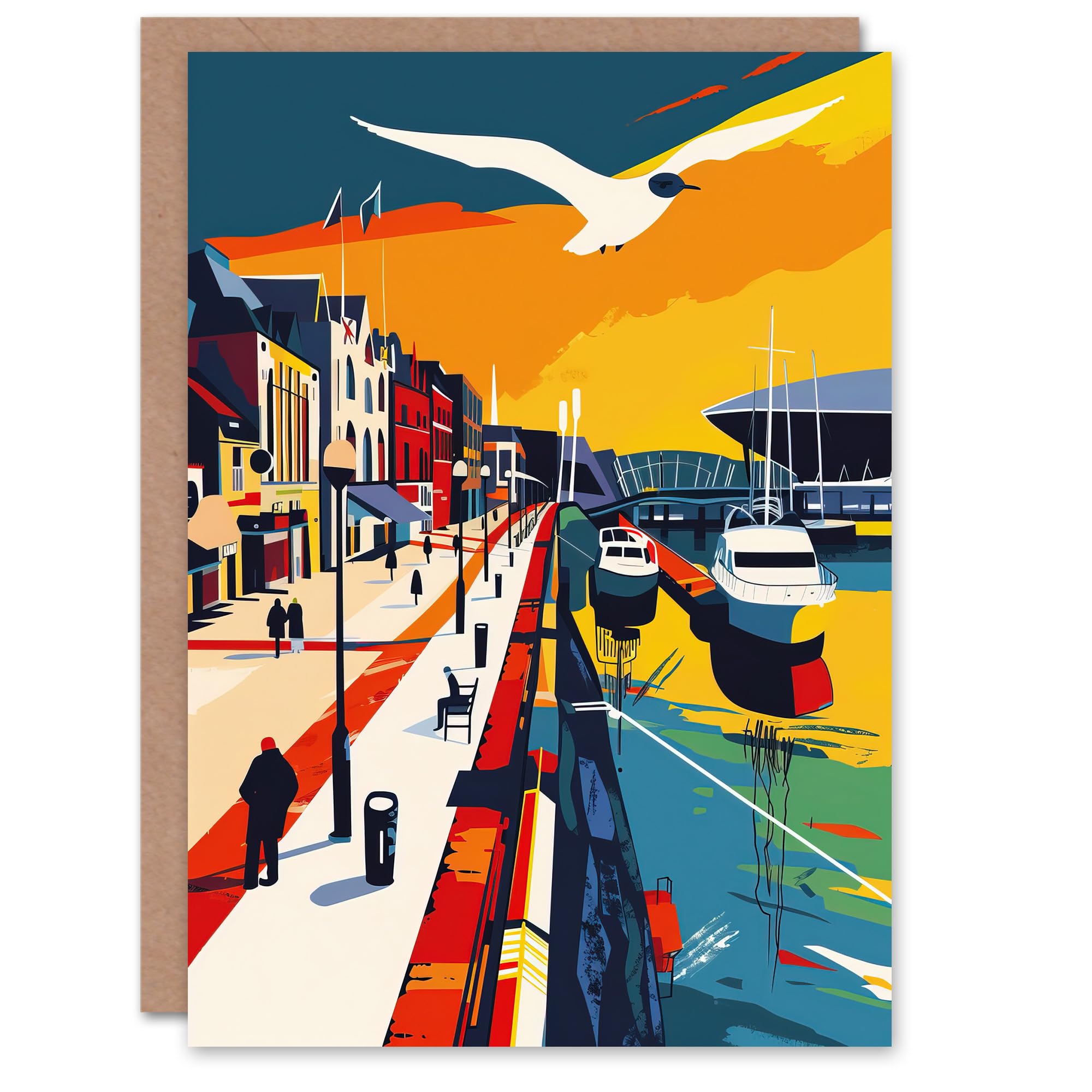 Artery8 Greeting Card Bright Colourful Cardiff Bay Artwork Bold Sunset Blank For All Him Or Her Art Birthday Card
