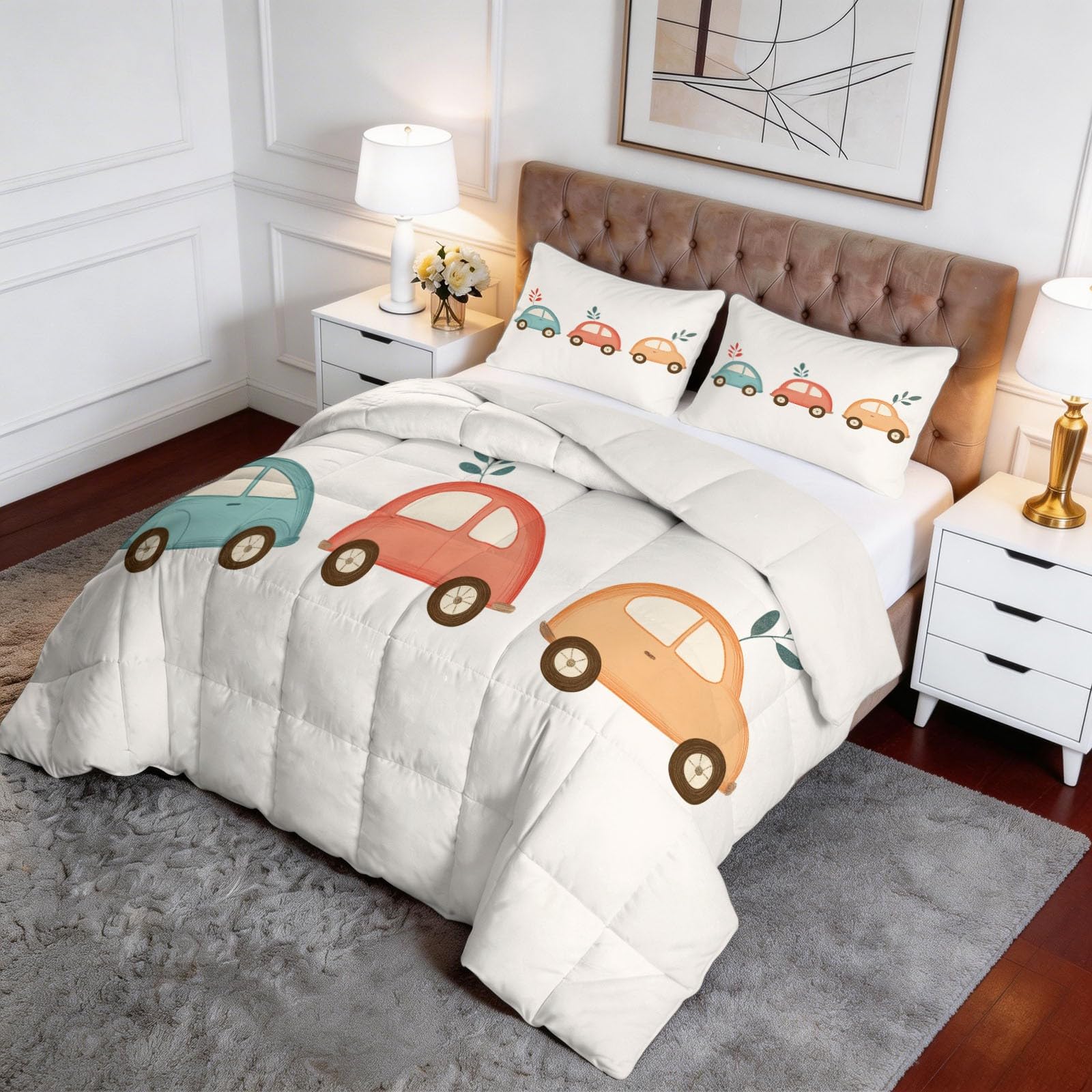 Edredón Nórdico Reversible Dibujo Lindo Coche Blanco, Edredón Relleno Nórdico Cama 135 200x200 cm, 4 Estaciones Acolchado Estampado 3D Suave y Ligero con 2 Fundas de Almohada
