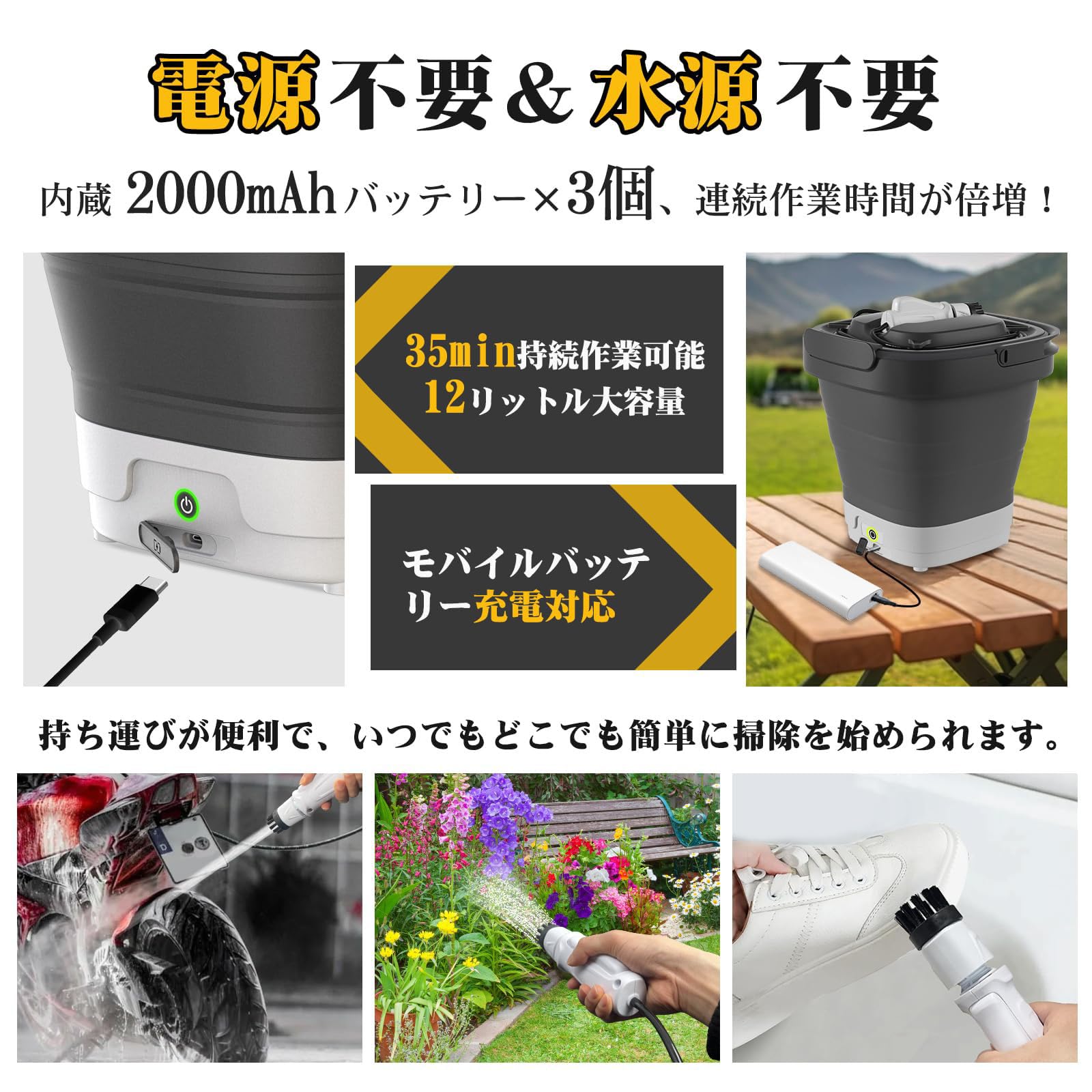 高圧洗浄機 コードレス 折り畳み式　12L ホース2.5m Type-C充電 楽天市場】【2025年水圧・水量アップデート版】 折り畳み式 高圧