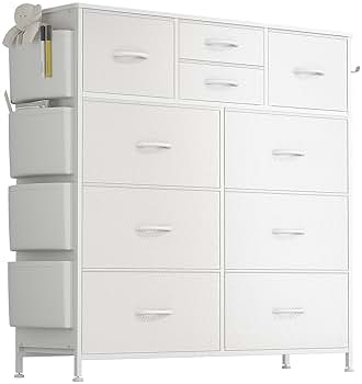 Lulive White Dresser for Bedroom with 10 Drawers, Chest of Drawers with Side Pockets and Hooks, PU Storage Dresser, Organizer Unit for Living Room, Hallway, Closet (White)
