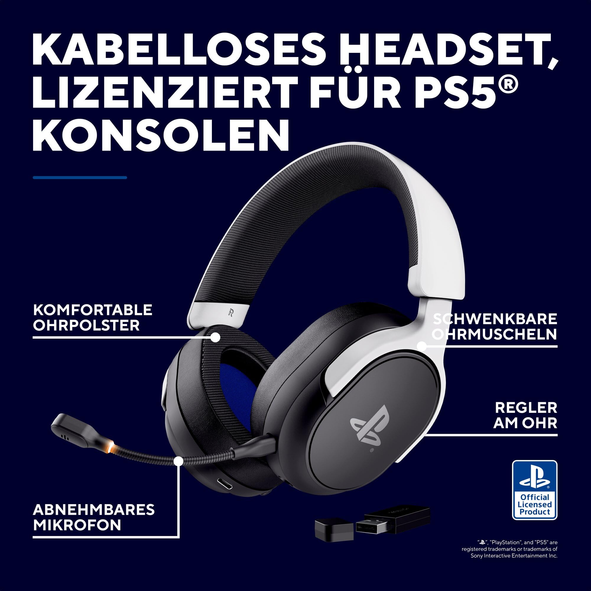 499BW Forta Kabelloses Gaming Headset Offiziell Lizenziert für PlayStation 5, Niedriger Latenz, 2,4G USB Empfänger, 50mm Treiber, 55H Akkulaufzeit, Headset PS5 mit Mikrofon, Schwarz/Weiß - 3