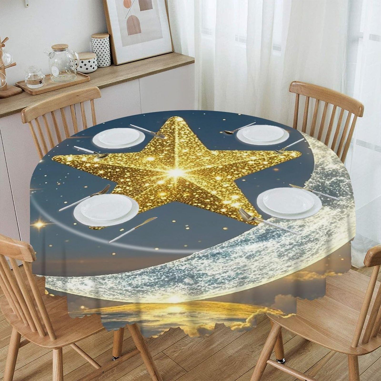 FekiLoot Golden Stars and Moon Round Tablecloths 60 Inch Resistant Washable Polyester Table Cloth Style Decorative Circle Fabric Table Cover for Dining Kitchen Party Farmhouse Outdoor