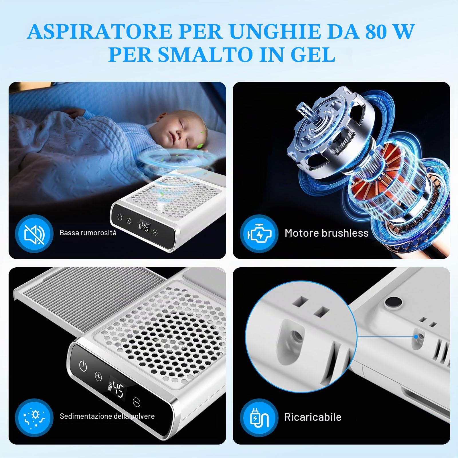 Aspiratore per Unghie Senza Fili da 80 W, aspiratore per Unghie Ricaricabile, aspirapolvere per Unghie con Potente Ventola di aspirazione per Manicure, Regolare L'Aspirazione