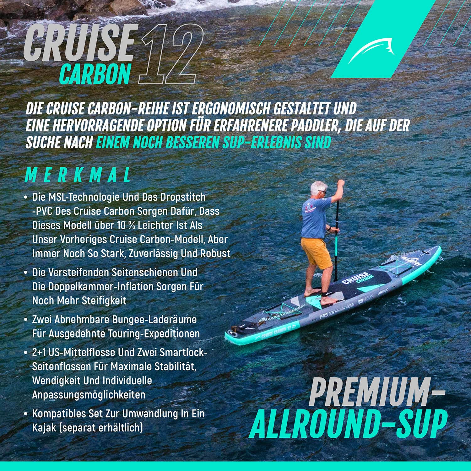 Bluefin SUP Aufblasbares Stand Up Paddle Board | Cruise Carbon SUP Board | Mit weiteren Zubehörteilen wie Pumpe, Tragetasche und Paddel | Mehrere Größen: 10'8, 12'