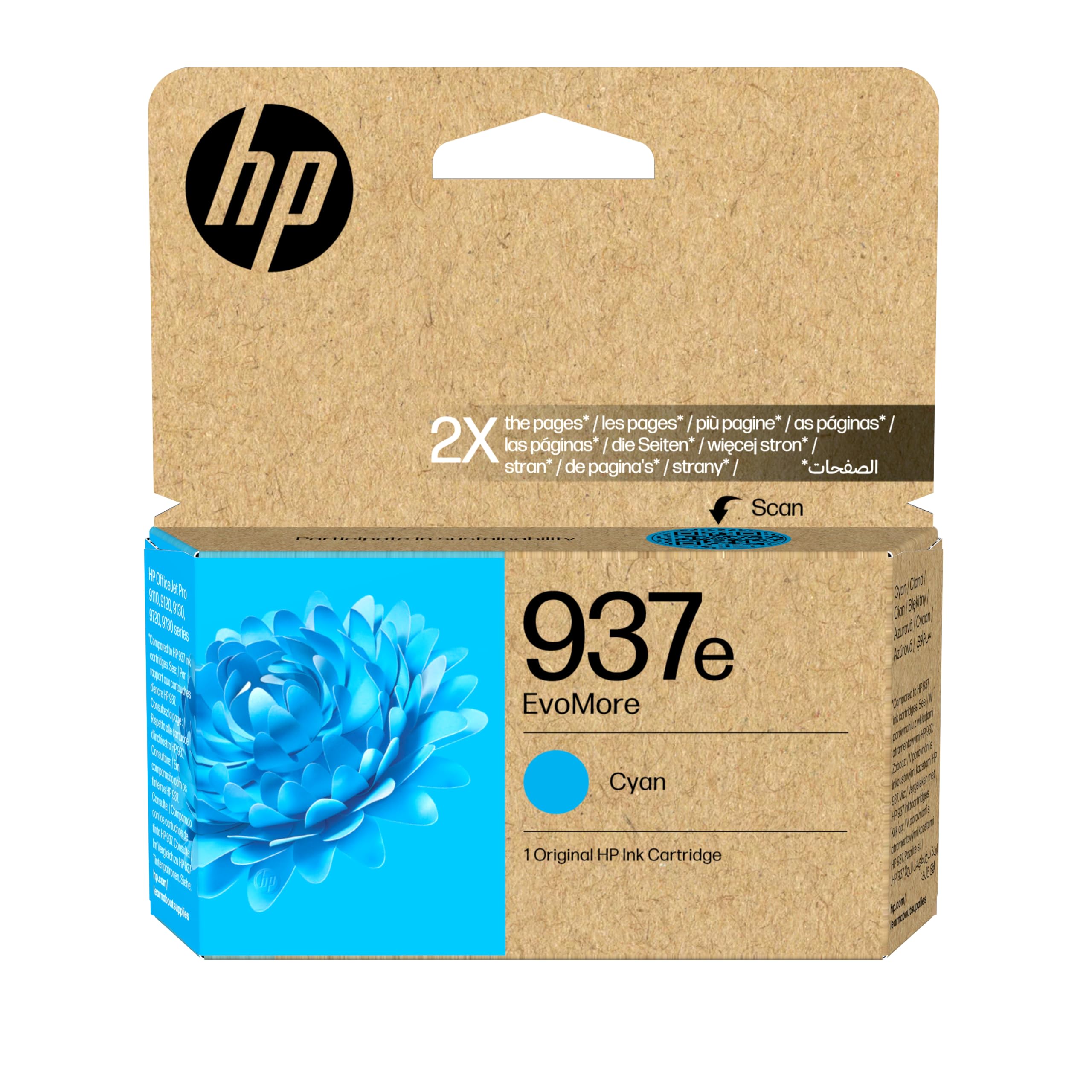 HP 937e Cian, Cartucho de Tinta Original, EvoMore, Alta Capacidad | Compatible con impresoras OfficeJet Pro Serie 9100 y 9700, 1650 páginas (4S6W6NE)