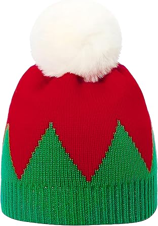 Christmas Beanie Hat with Fur Pom Pom New Year Knitted Skull Cap Santa Winter Warm Watch Hats for Women, Men