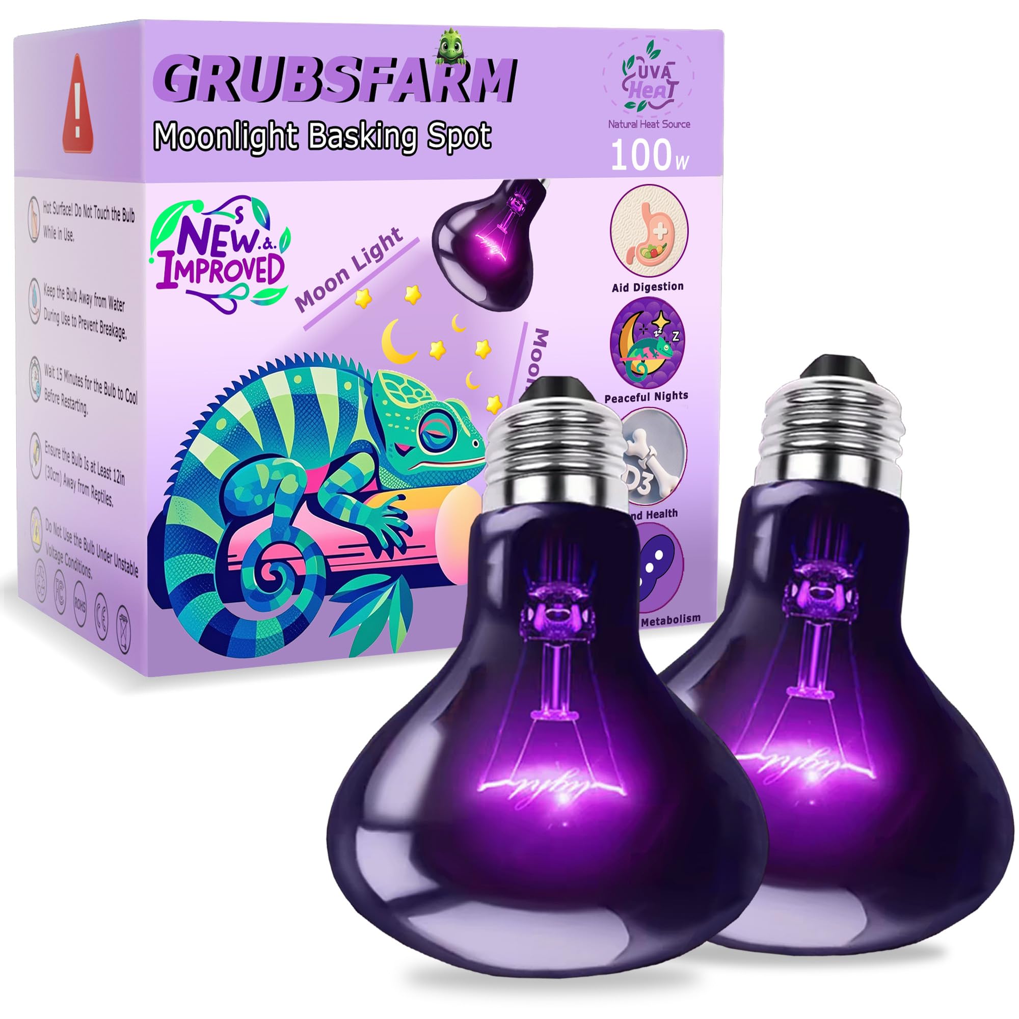 100W Reptile Night Light Bulb, UVA Heat Lamp – Simulated Natural Moonlight Purple Basking Bulb for Bearded Dragon, Lizard, Snake, Turtle, Chameleon, Amphibians, Aquarium & Terrarium Use