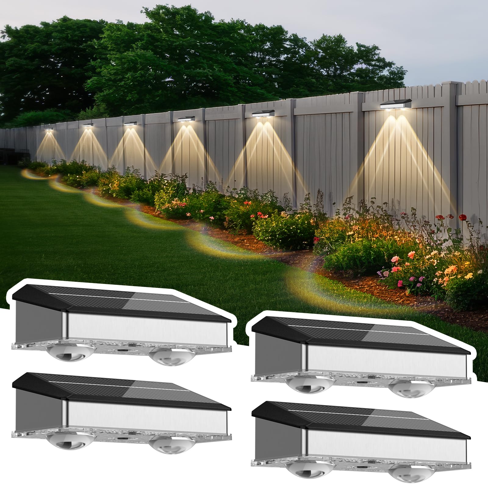 Solarlampen für Außen Wand, 9 Leuchtmodi Rostfreier Stahl IP65 Wasserdicht Solar Wandleuchte für Aussen Garten, LED Gartenlampen für Garten Kabellos Hof Garten Pools Haus Deck Porch Zaun 4 Stück