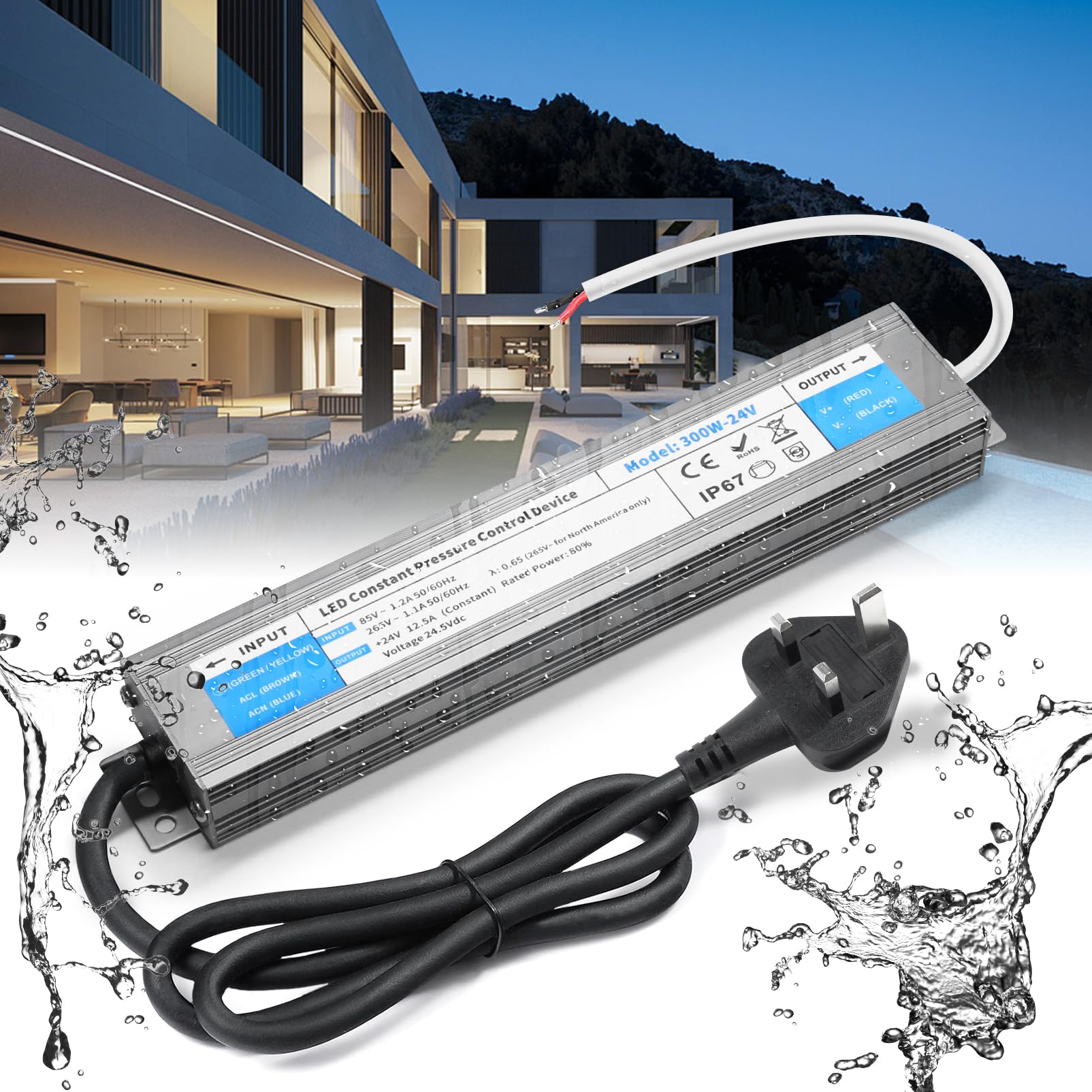 BRIMETI 24V LED Driver 300W LED Transformer Waterproof Outdoor IP67 AC 240V to DC 24V 12.5A Power Supply With Plug Constant Low Voltage Adapter for Strip Light Garden Shed Cabinet Light