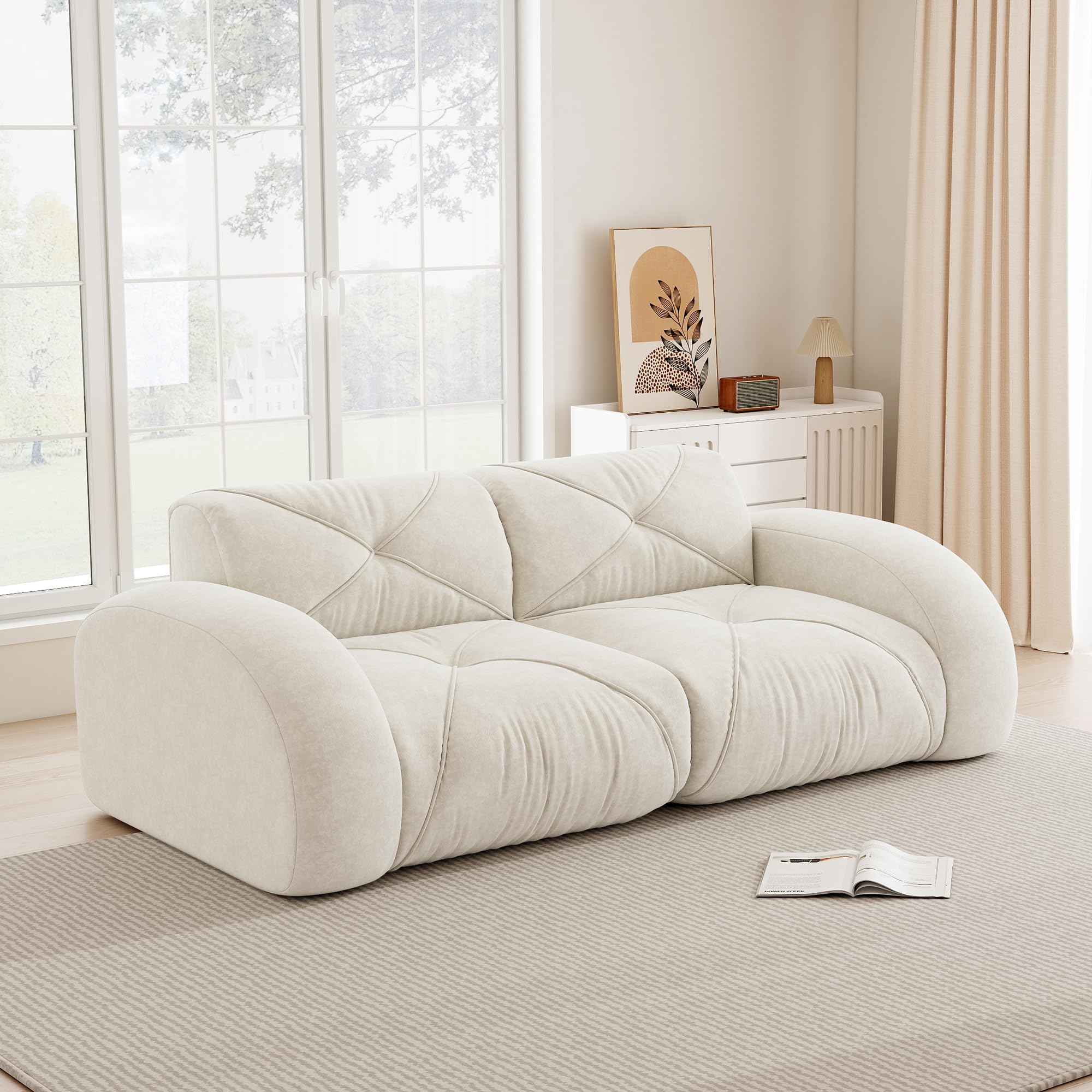 Divano senza cornice, divano modulare a 2 posti, schiuma 32D ad alta densità, adatto per soggiorno, confortevole tessuto ciniglia, design antiscivolo, nessun montaggio richiesto (bianco)