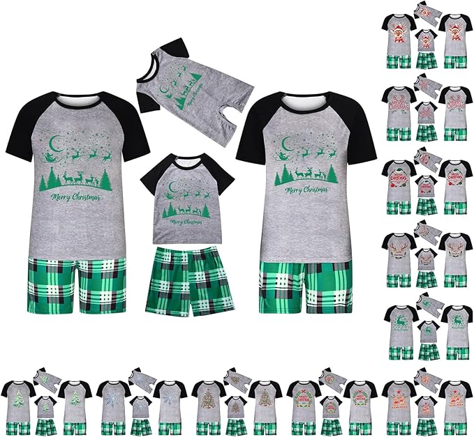 YMADREIG Matching Christmas Pajamas for Family Crewneck Short Sleeve Tops Plaid Shorts Xmas Print Holiday Loungewear Pj Set