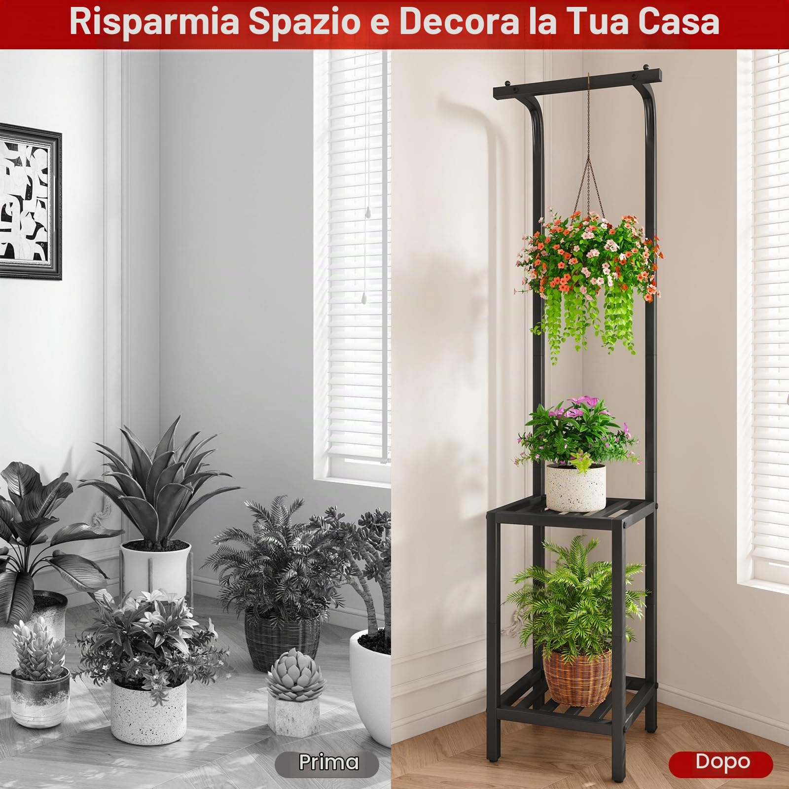 IBUYKE 170cm Alto Supporto per Piante per Interno Esterno, 3 Livelli Supporto per Fiori in Metallo Sospeso, Scaffale per Piante Porta per Fiori per Soggiorno Balcone Giardino, Nero TMJ076B