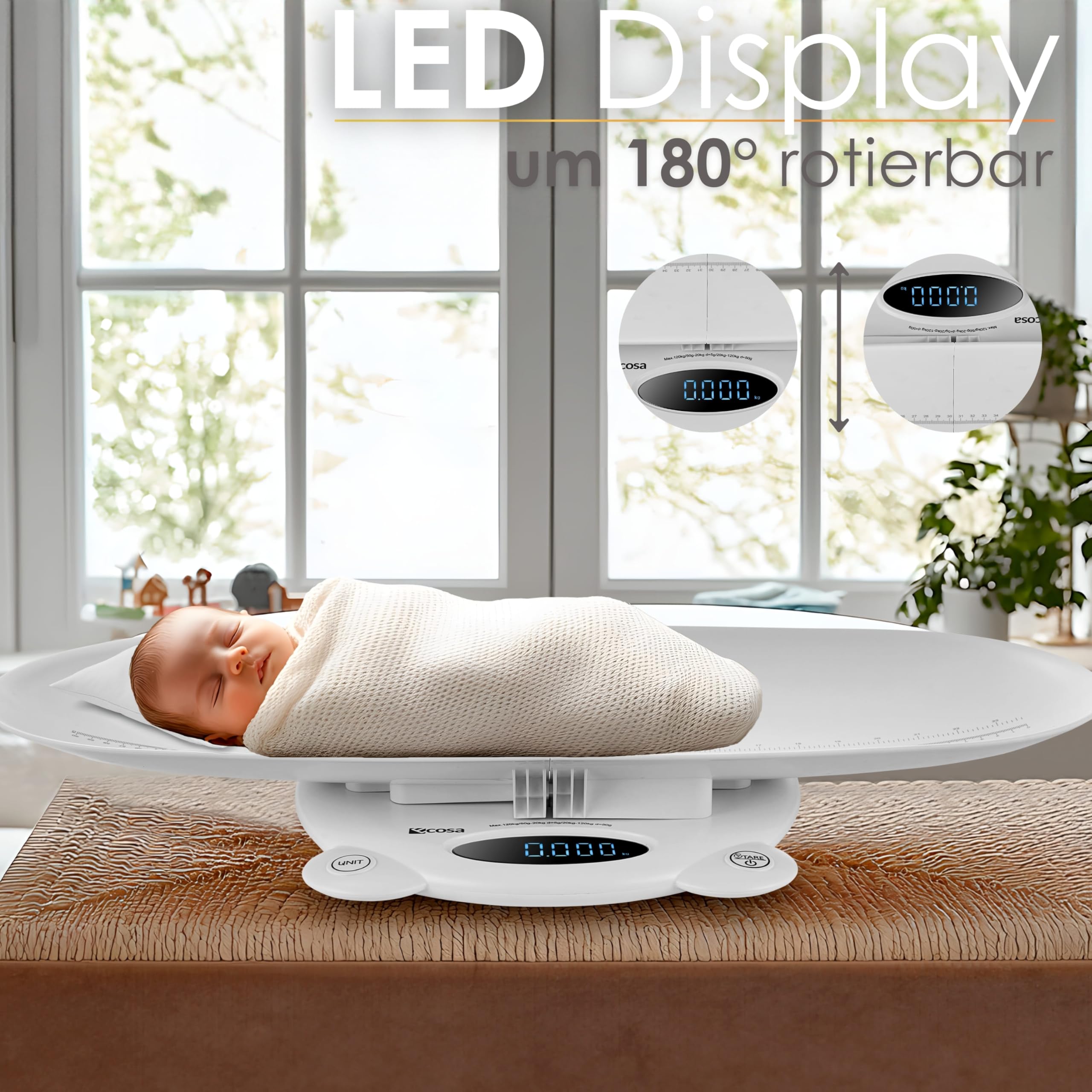 3 in 1, bilancia per animali e pesapersone, display a LED, bilancia digitale con funzione tara/hold, capacità 120 kg, capacità 5 g/50 g, unità di peso: kg/lb/st robusto design ABS, funzionamento a
