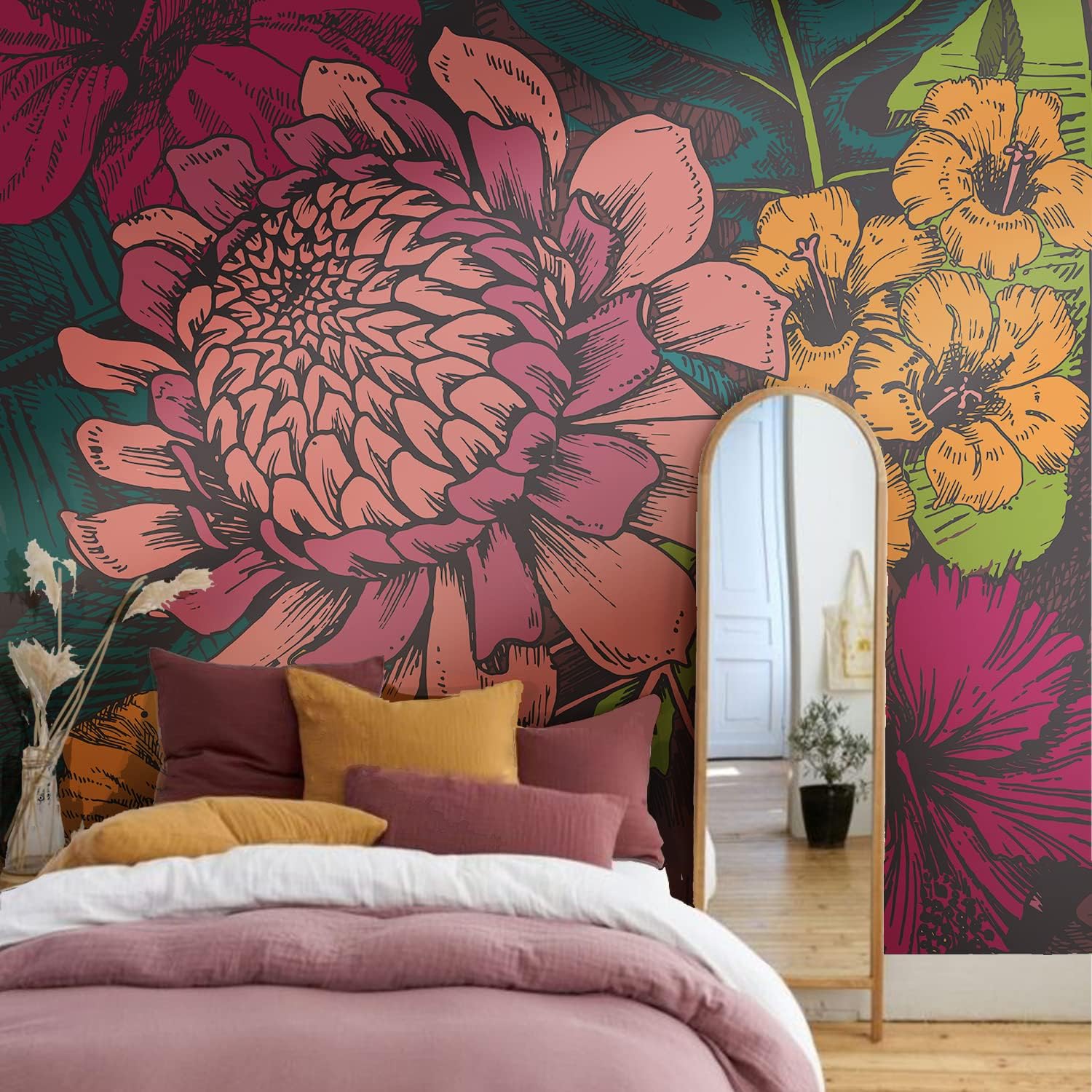 Peel and Stick Floral Wall Mural, Leather Textured Vinyl Self-Adhesive Wallpaper for Bedroom Living Room Accent Wall Decor, Vintage Flat Floral，Bright, 92''x125''