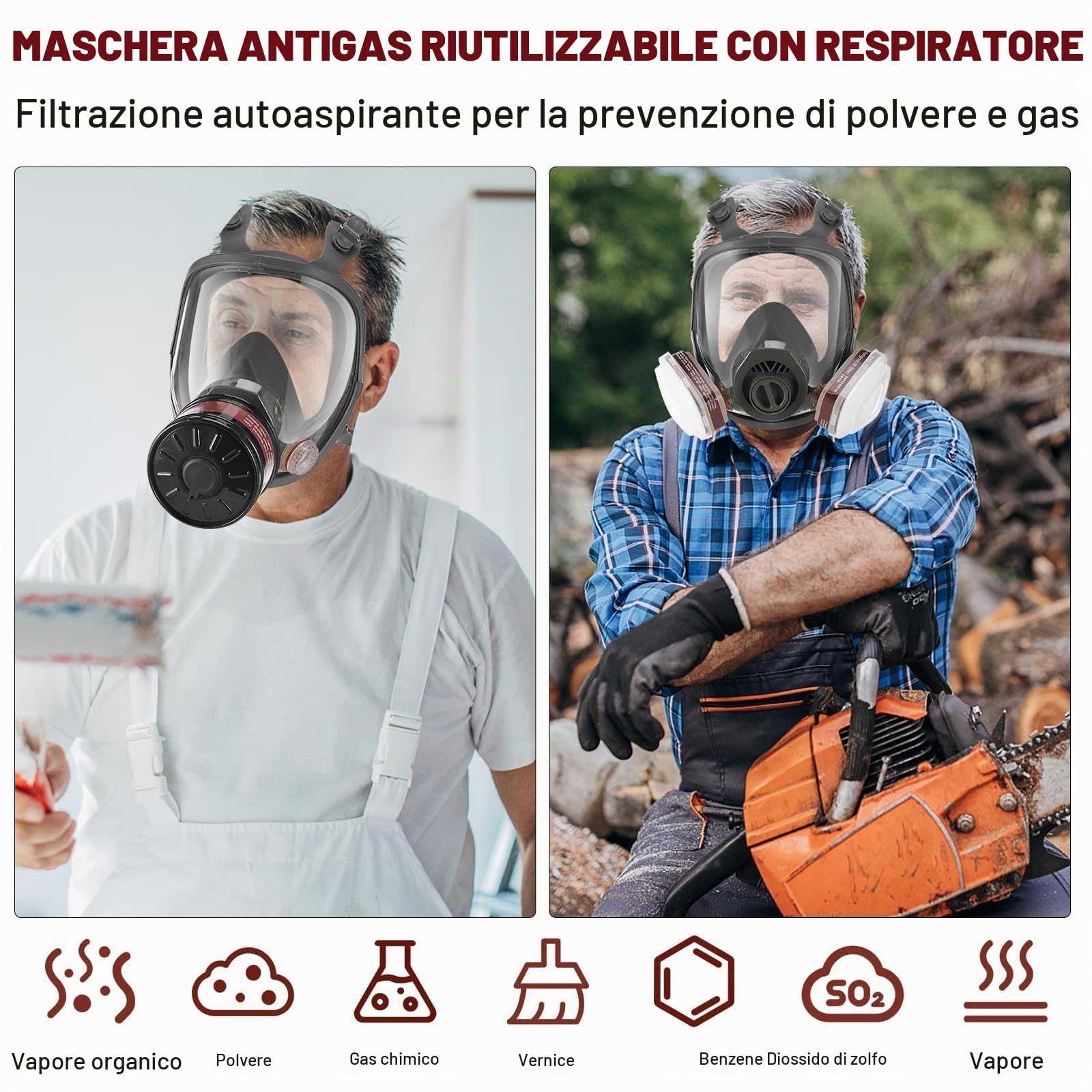 Maschera integrale a gas - Maschera respiratoria riutilizzabile a gas di sopravvivenza nucleare e chimica con filtro al carbone attivo 6001 cn e 40 mm contro gas/polvere/vapori/fumi per prodotti