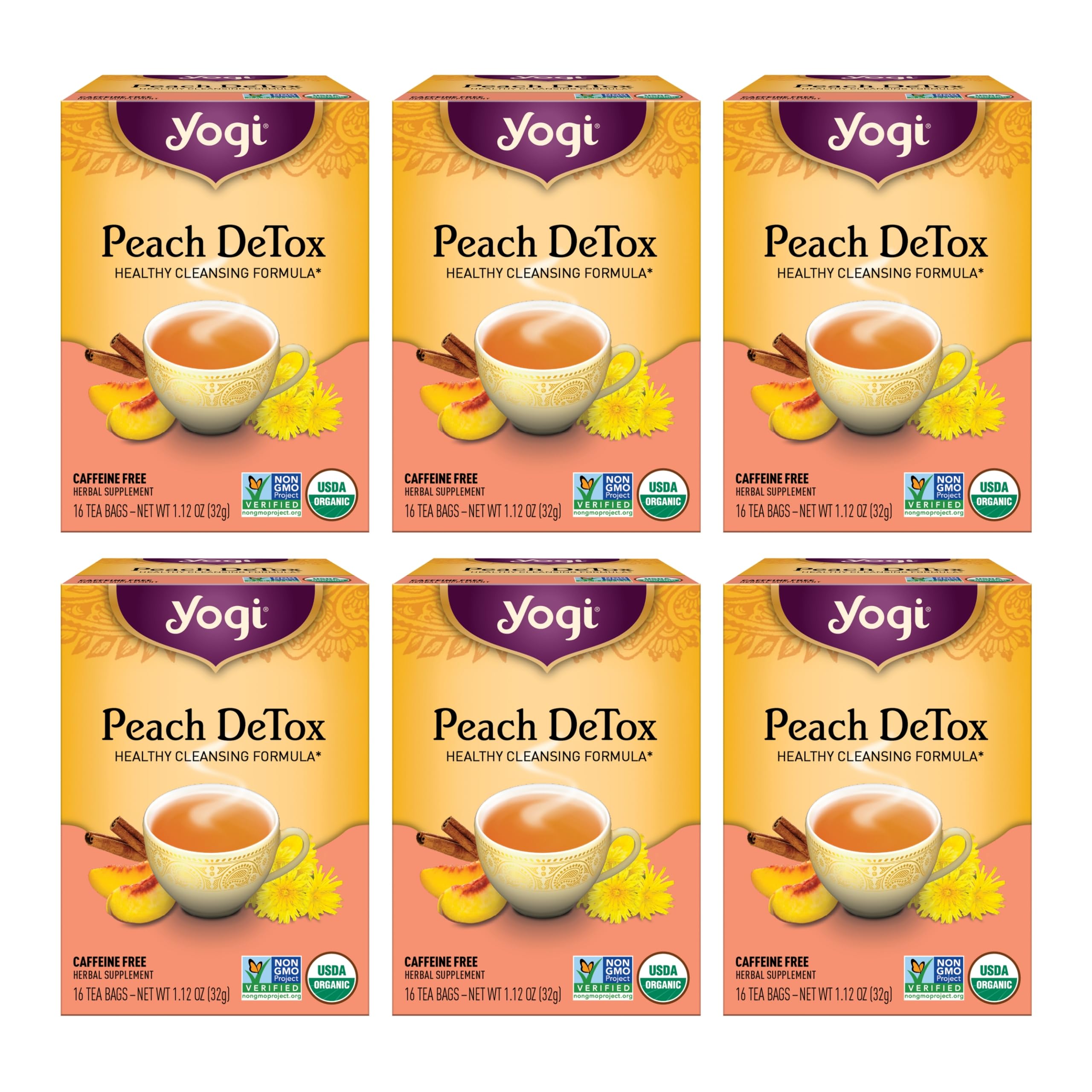 Tea - Peach DeTox Tea (6 Pack) - Healthy Cleansing Formula with Traditional Ayurvedic Herbs - Caffeine Free - 96 Organic Herbal Tea Bags