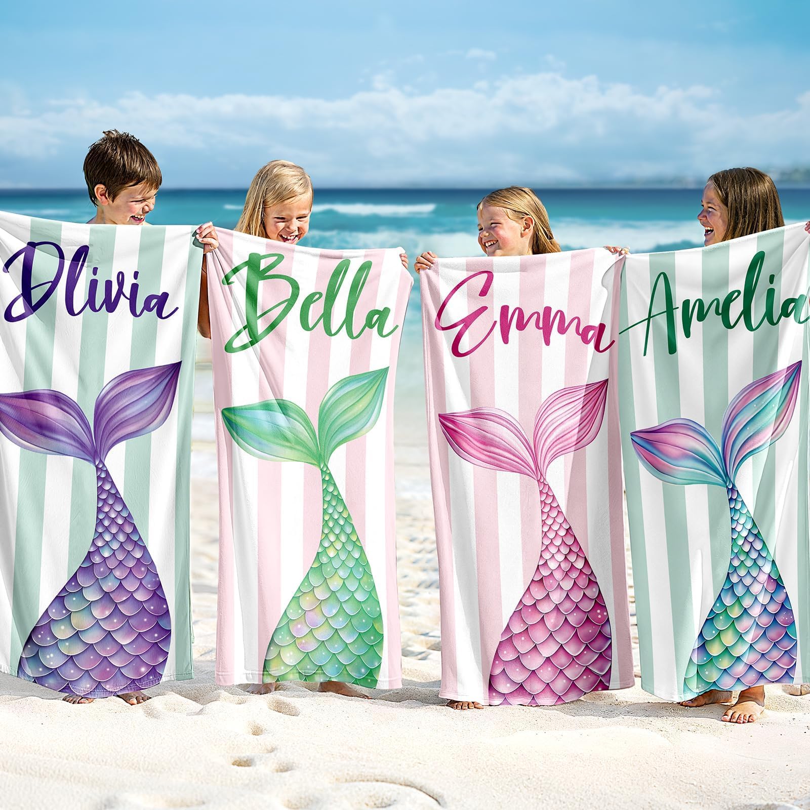 Infiher Personalised Beach Towels for Kids,Custom Kids Monogrammed Towels with Name,Customised 280gsm-420gsm Thick Soft Absorbent Beach Towel for Swim,Bath,Pool,Gifts,Girls Mermaid Towel(10 Colors)