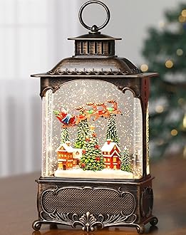Village Snow Globe Lantern Christmas Snow Globes, Lighted Musical Christmas Decorations Indoor for Home with Music Timer Swirling Glitter, Navidad Santa Reindeer Decor, USB or Battery Operated
