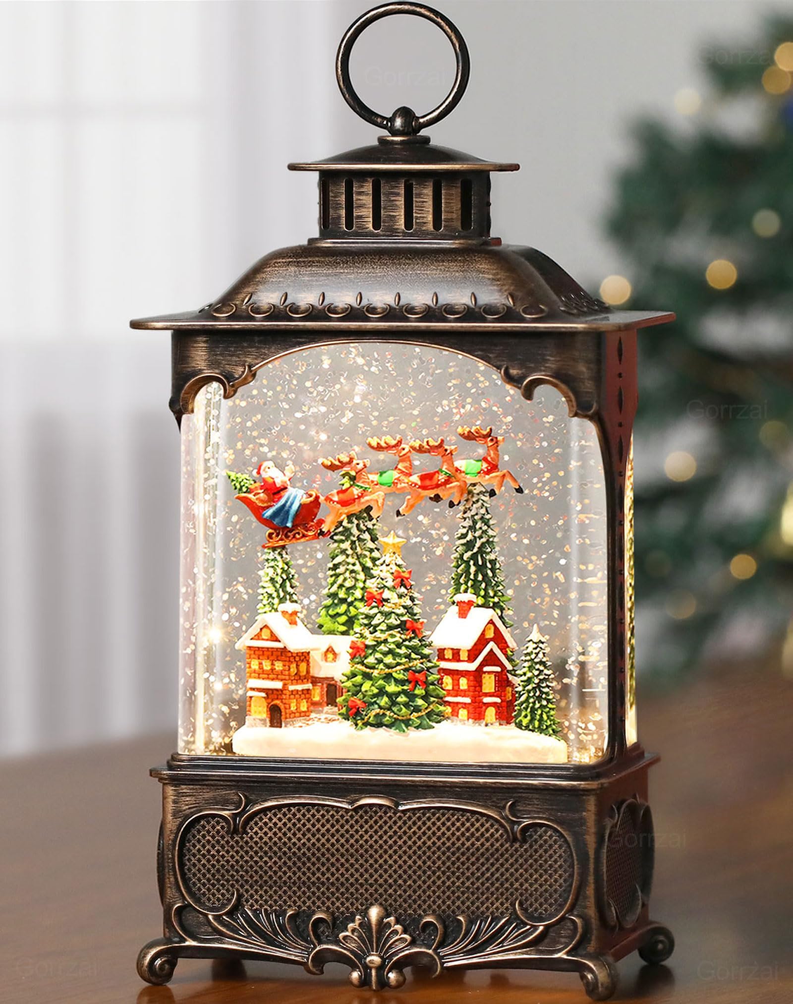 Village Snow Globe Lantern Christmas Snow Globes, Lighted Musical Christmas Decorations Indoor for Home with Music Timer Swirling Glitter, Navidad Santa Reindeer Decor, USB or Battery Operated