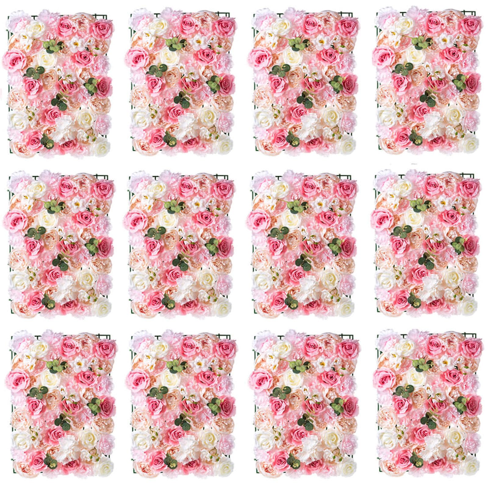 NUPTIO Flower Wall Panel for Backdrop: 12 Pcs 24 X 16 White & Pink Faux Roses Artificial Flower Backdrop for Wedding Party Bridal Baby Shower Decor