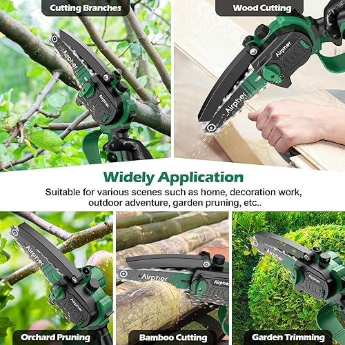 Miniatura 9 de Mini motosierra eléctrica de 6 pulgadas, sin escobillas, 2 baterías de 21 V y 2500 mAh, motosierra eléctrica portátil de mano con bloqueo de