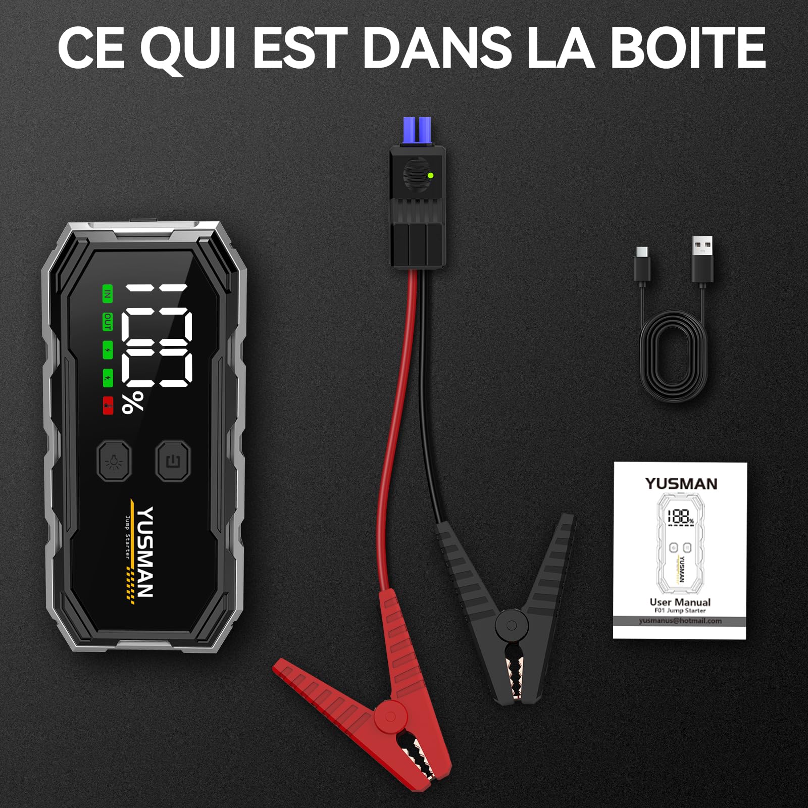 YUSMAN Booster Batterie Voiture 6000A Démarreur Batterie Voiture Supersafe(Jusqu'à 7L Gas/5.5L Diesel), 12V Jump Starter avec LED, 5 V/3A, QC3.0,Sortie USB, Pince Sécurité Intelligentes et Ecran LCD