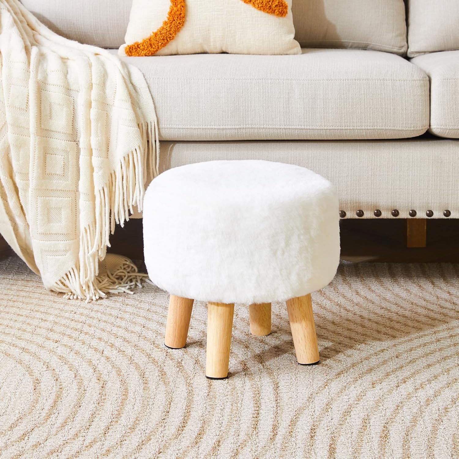 YMYNY Round Pouf Ottoman Small Foot Stool Faux Fur Foot Rest for Couch Modern Boho Footstools with Wood Legs for for Living Room Bedroom Office 12.6" D×12.6" W×12.6" H White UHBD035W