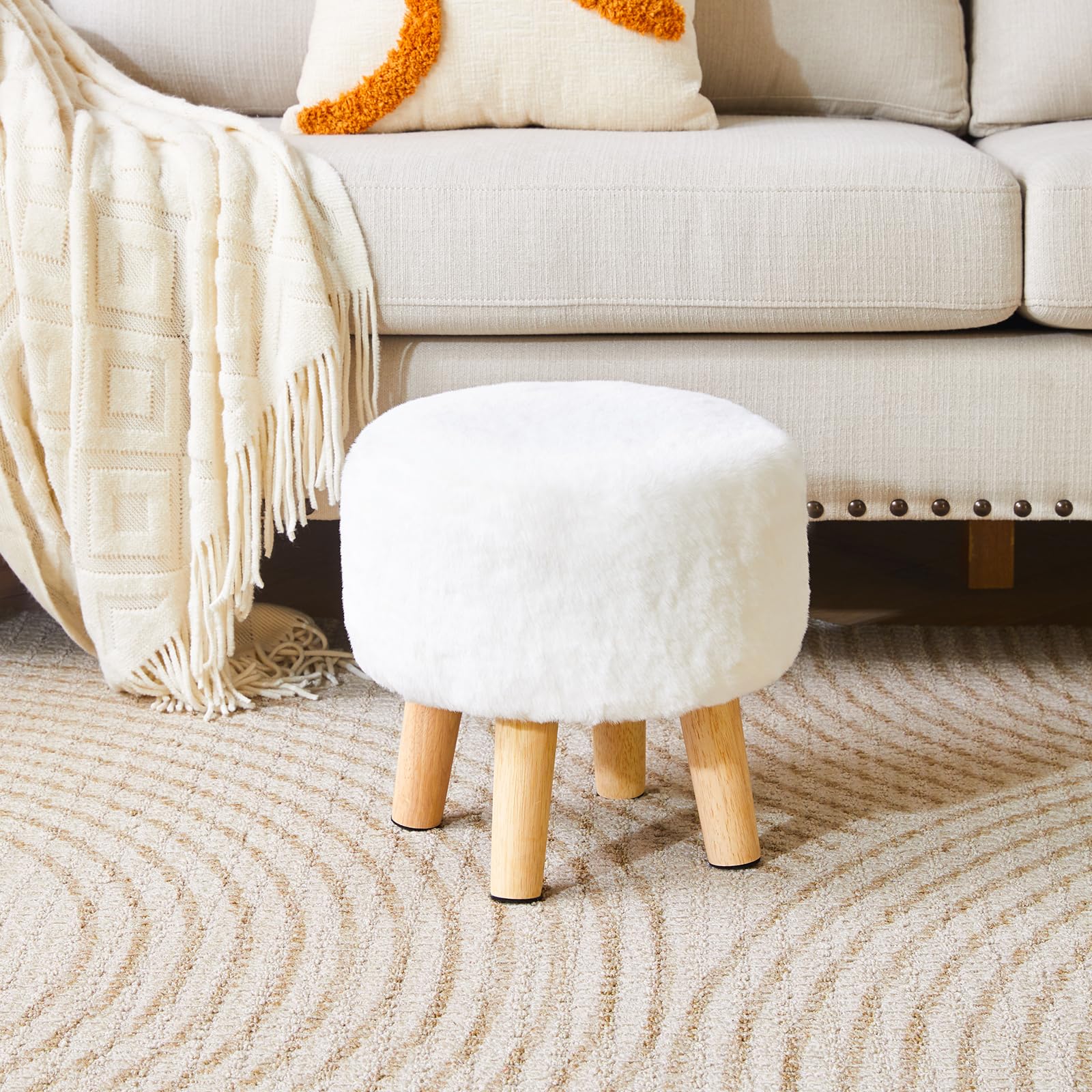 YMYNY Tabouret Pouf Ottoman Moderne en Bois Massif, Rond et Bas, Repose-Pieds pour Salon et Chambre, 32×32×32CM, Blanc HBD035W
