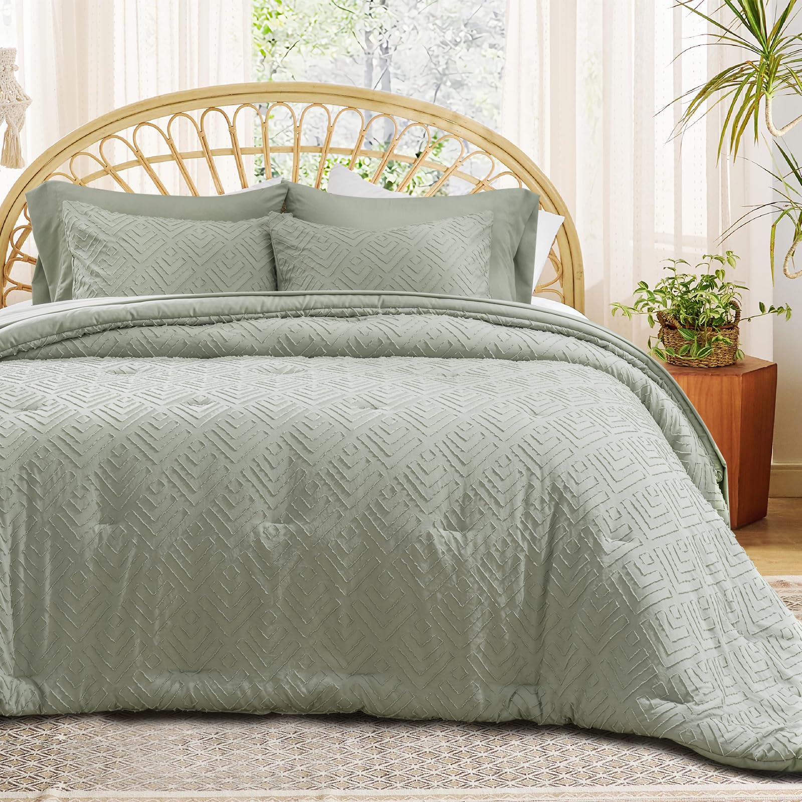 EVERGRACE Boho Comforter Set King Size 7 Piece Bed in a Bag, Shabby Chic Tufted Comforter Set with Sheets, Diamond Embroidery Bedding Set, All Season Soft Microfiber Complete Bed Set, Sage Green