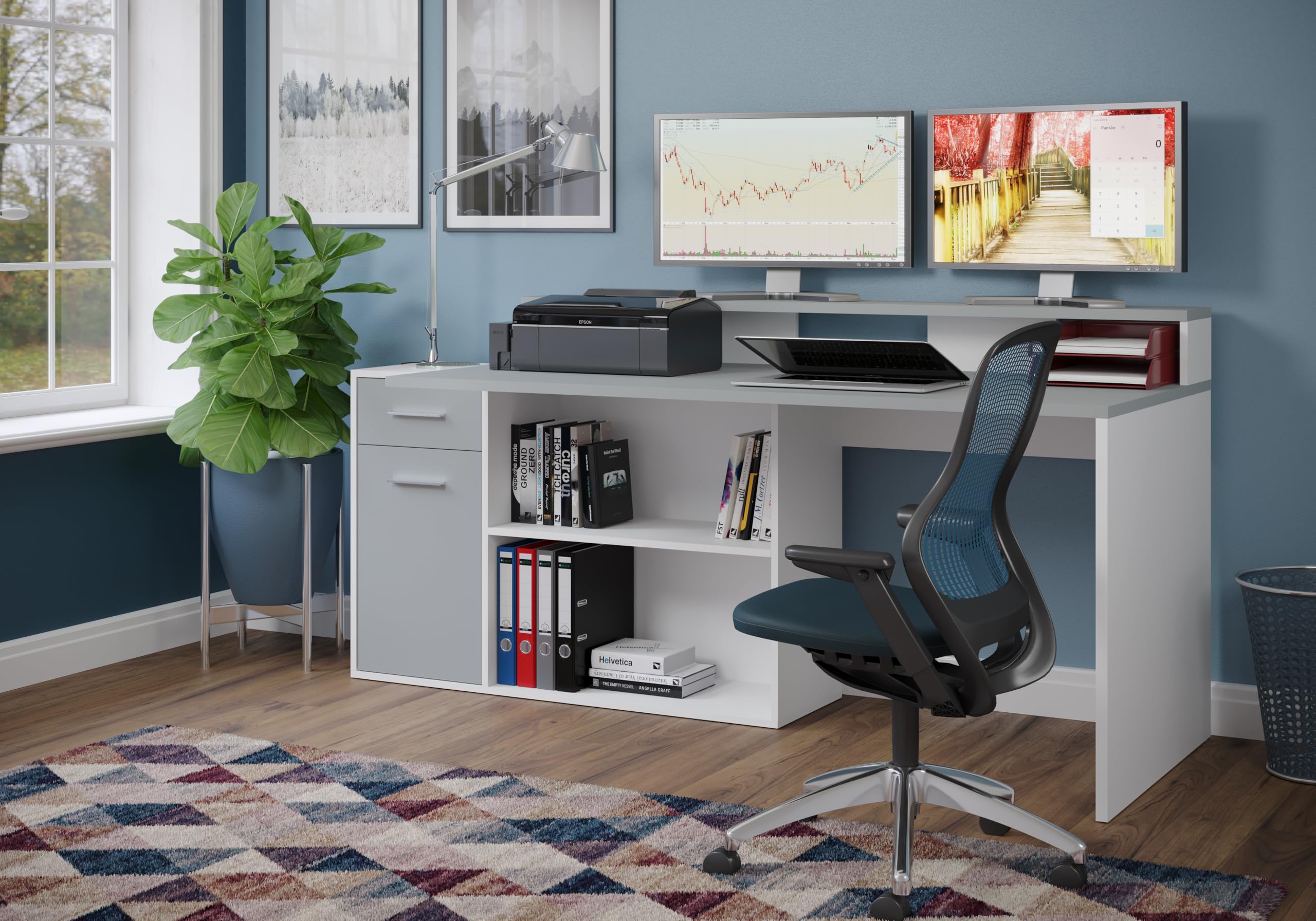 trendteam smart living - Table de Jeu - Bureau - Taille de la Configuration Gamer (LxHxP) 160 x 92 x 115 cm - Couleur Blanc et Gris Clair - 203900703