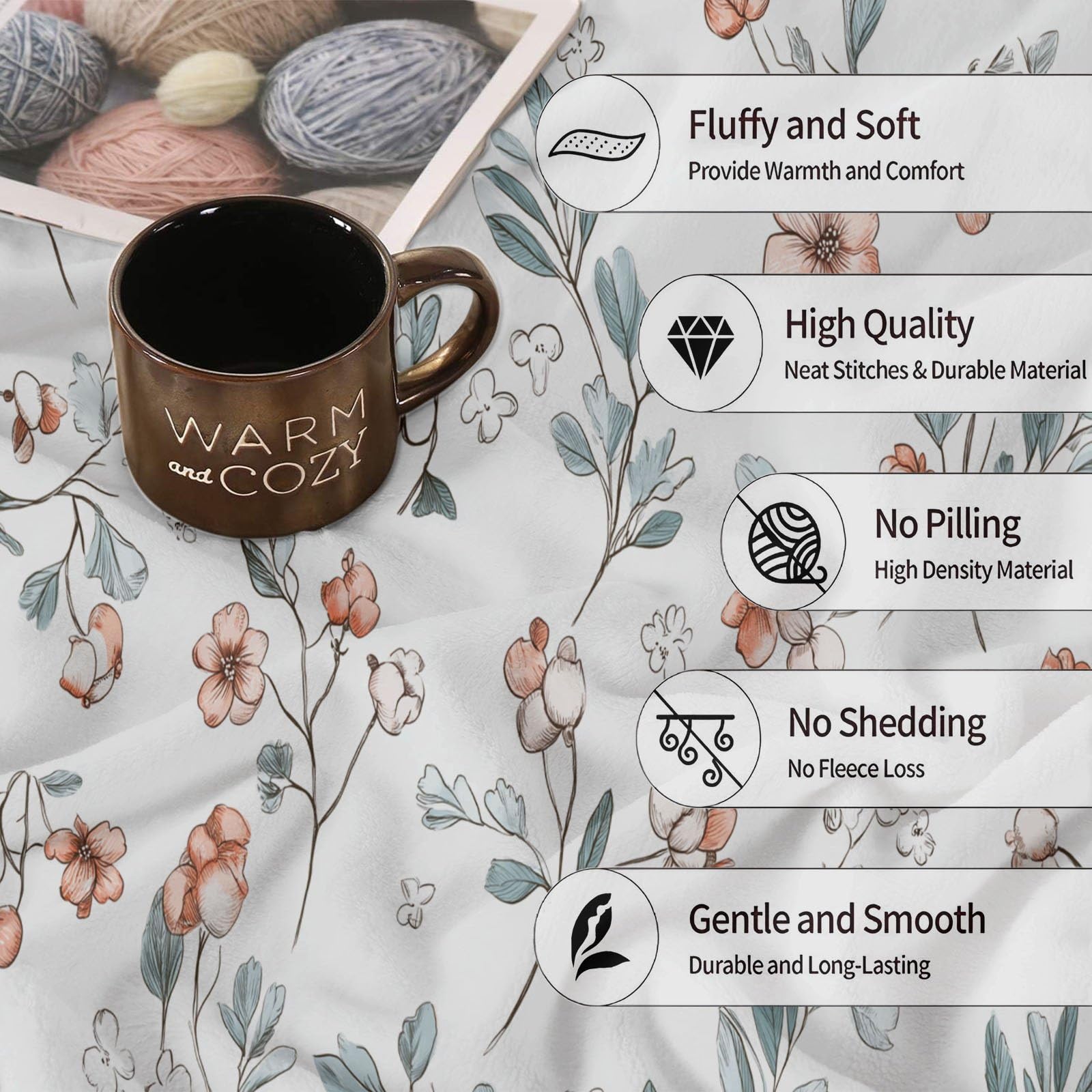 Coperta rustica in pile Sherpa con stampa floreale e piccoli fiori e piante, reversibile, 180 x 200 cm, per biancheria da letto, divano, letto, decorazione per la casa, beige e verde