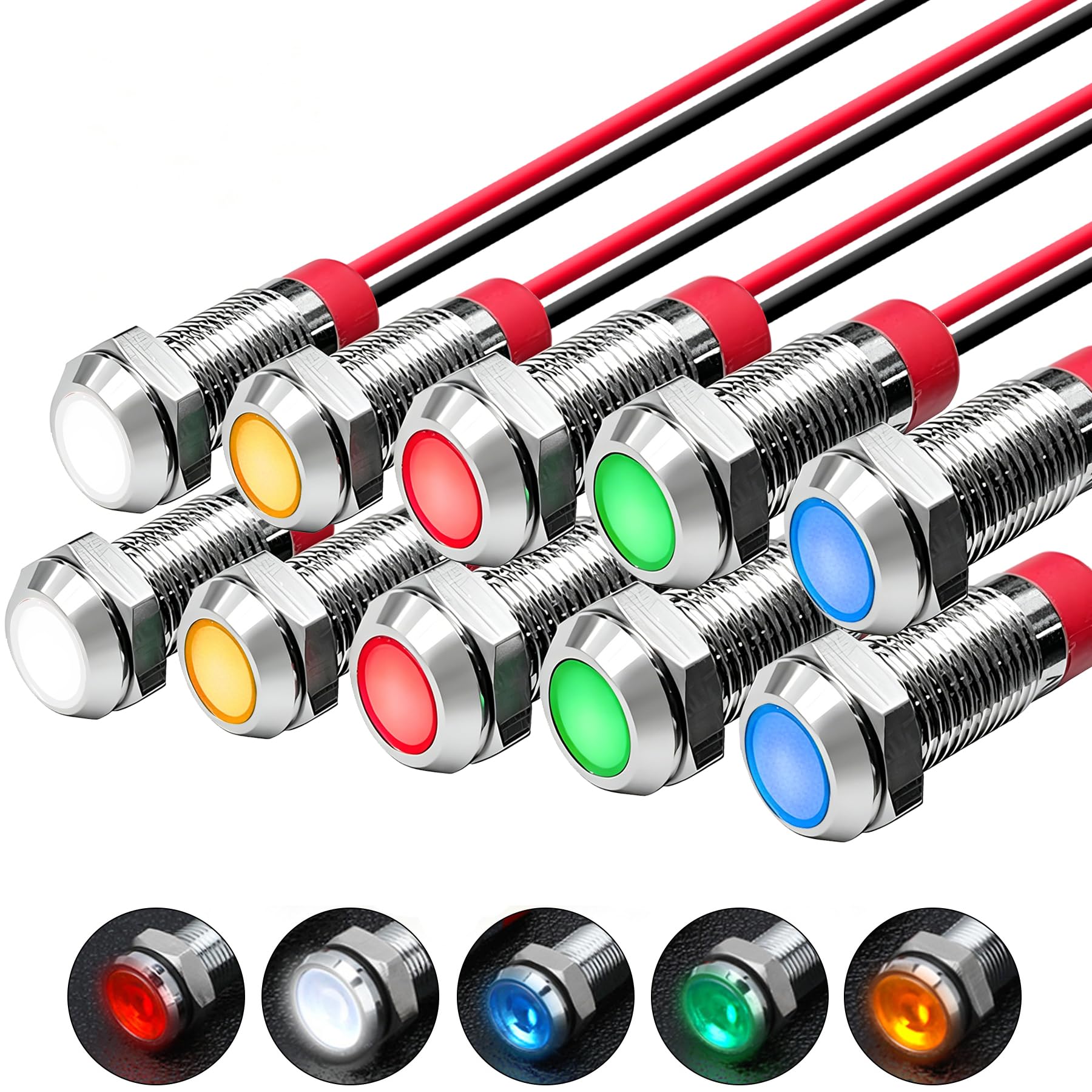 Joycabin 10 luci LED in metallo da 8 mm, con cavo da 15 cm, impermeabili, AC/DC, 12 – 24 V, per moto, furgoni, barche, auto (giallo, verde, blu, rosso, bianco)