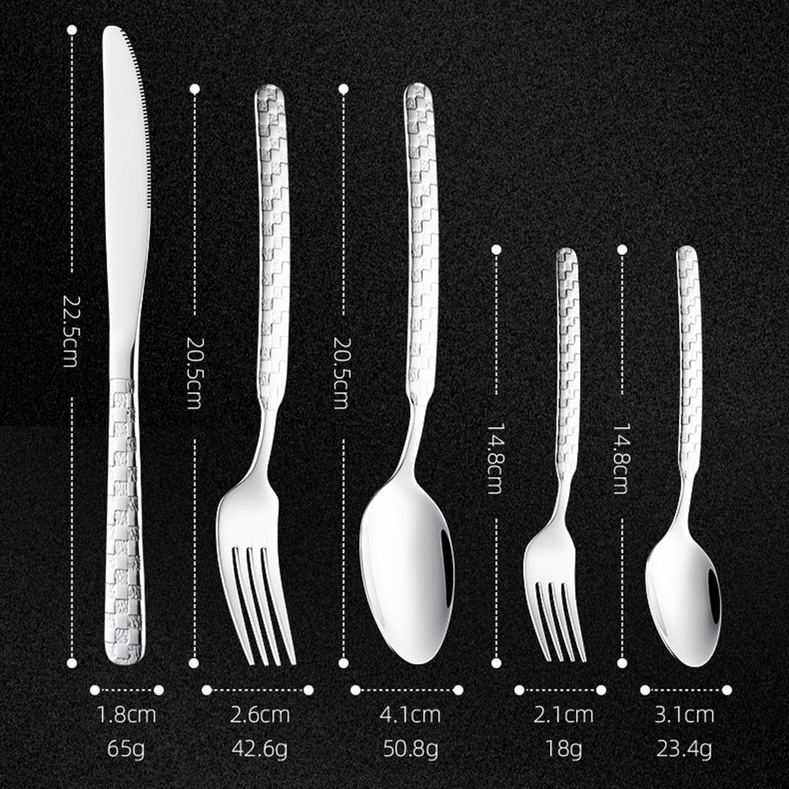Ce Service de Couverts pour 16 Personnes Comprend Un Couteau de Table, Une Fourchette de Table, Une cuillère de Table et Une cuillère à Dessert, Le Tout en Acier Inoxydable martelé. Couleur