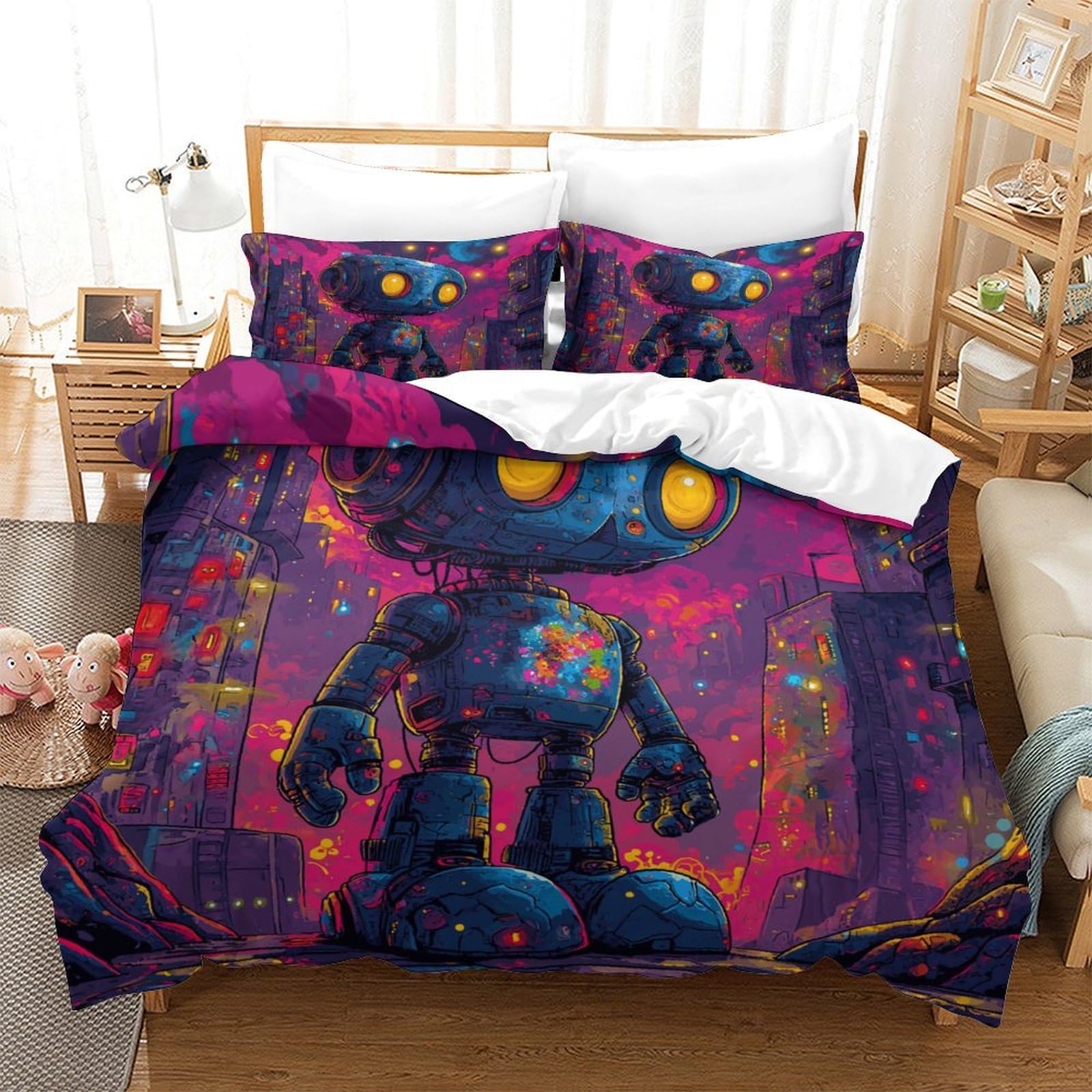 P1S9U7W5Y Trendy Futuristic 3D Printed Robot Pattern Duvet Cover Set 3pcs Microfiber Sci-Fi Bedding Set Single（140x200cm）