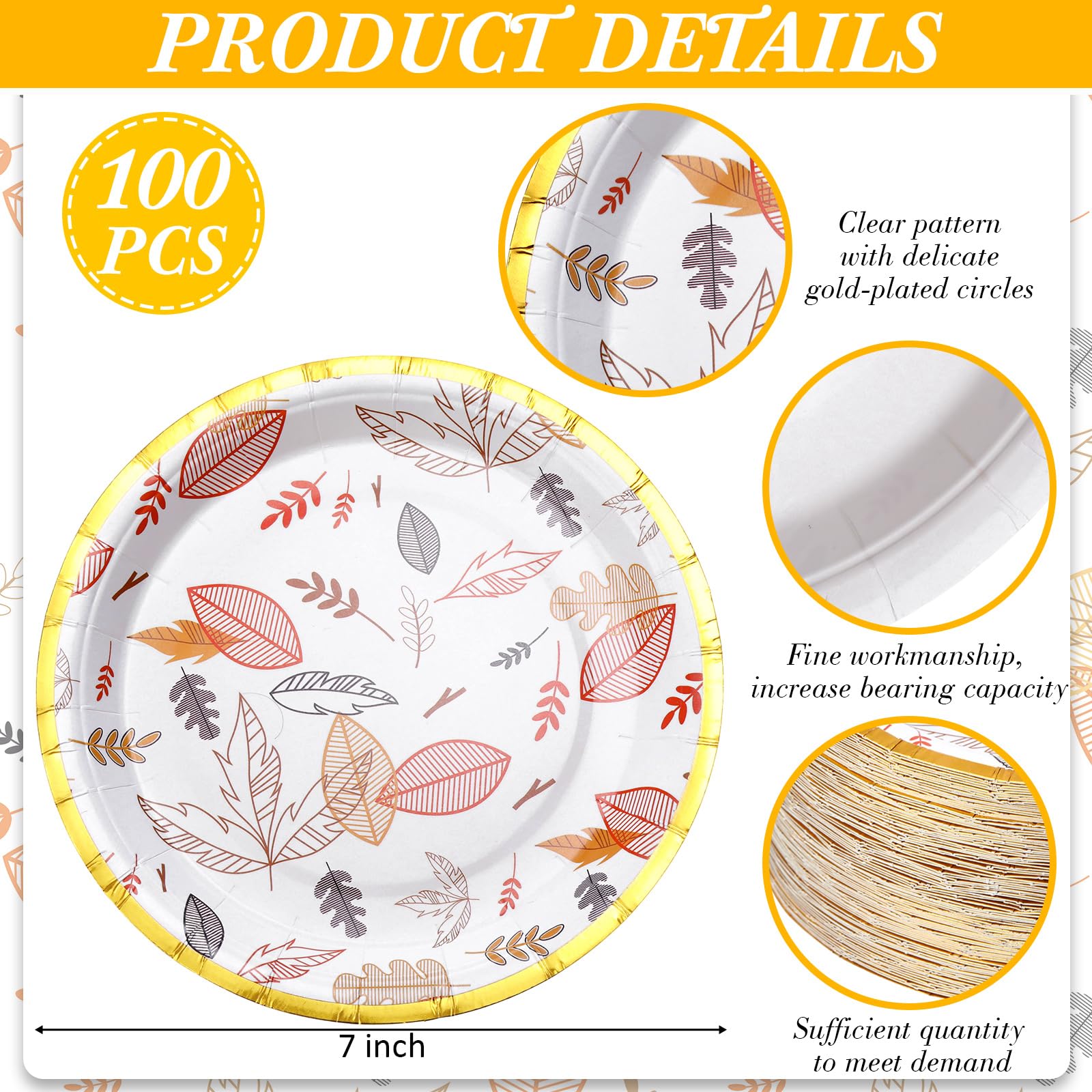 Uiifan Lot de 100 assiettes à dessert en carton de 17,8 cm - Assiettes rondes jetables pour dîner, dessert, anniversaire, anniversaire de mariage, fête d'automne (feuilles)