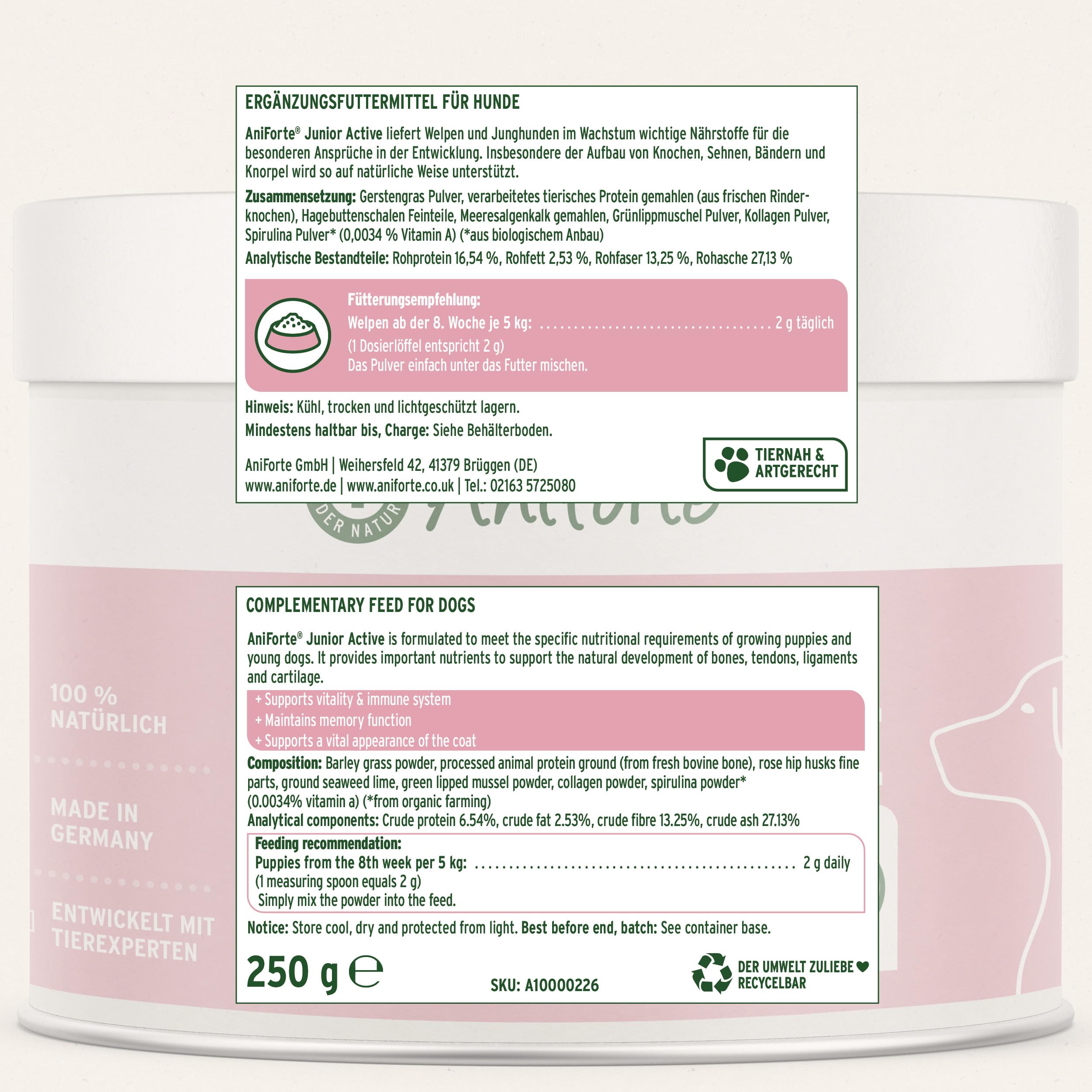 AniForte Junior Active para Cachorros y Perros jóvenes 250g - para el Desarrollo de Huesos, tendones, ligamentos y Dientes. Suplemento para Cachorros con Calcio, vitaminas y minerales