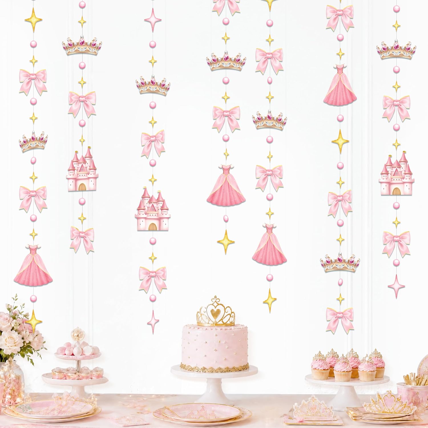 Cheerland Princess Garland Birthday Party Decorations Pink Hanging Princess Banner Fairy Tale Tea Party Sparkle Tiara Baby Shower Photo Backdrop Streamers Dress Cute Castle Themed Girls Room Decor