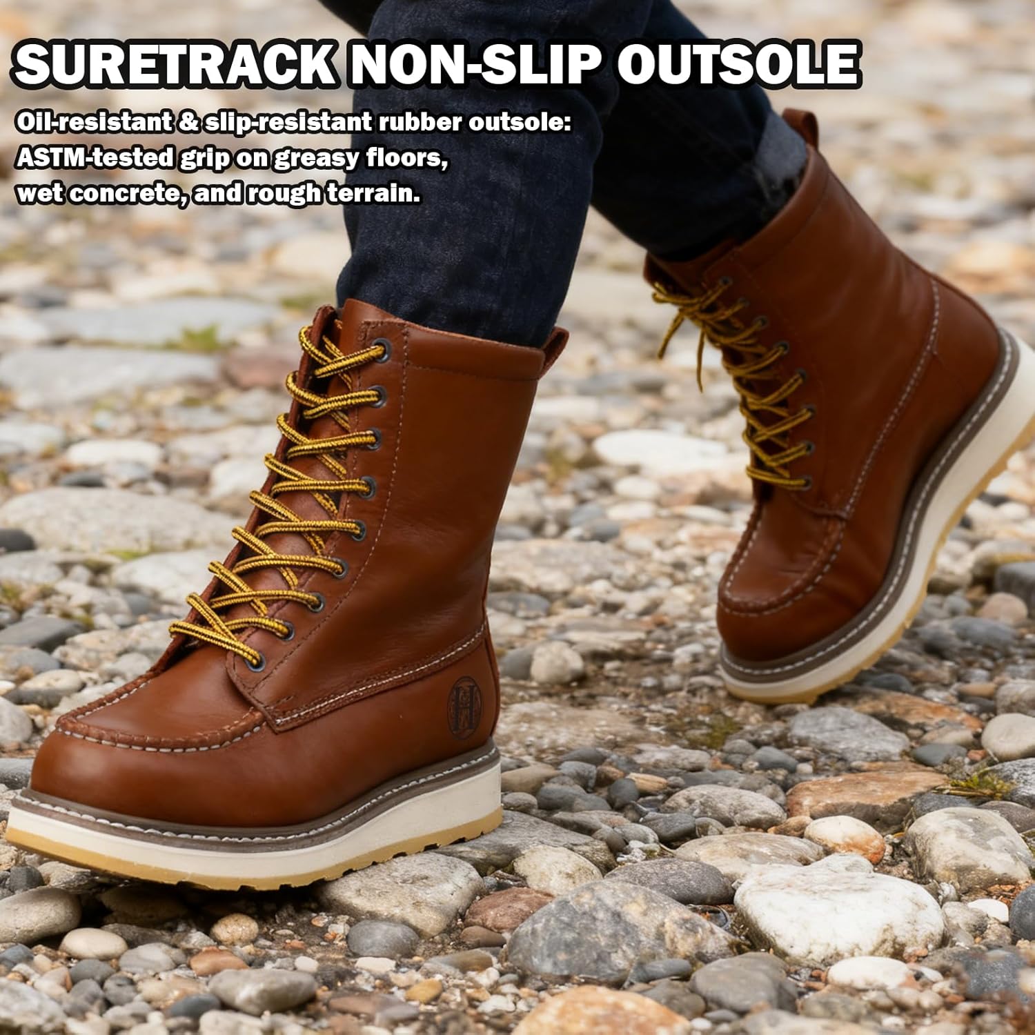Men's Soft Toe SureTrack Waterproof Non-Slip oil Breathable Durable Wedge Outsole 8" Brown Work Boots - Image 6