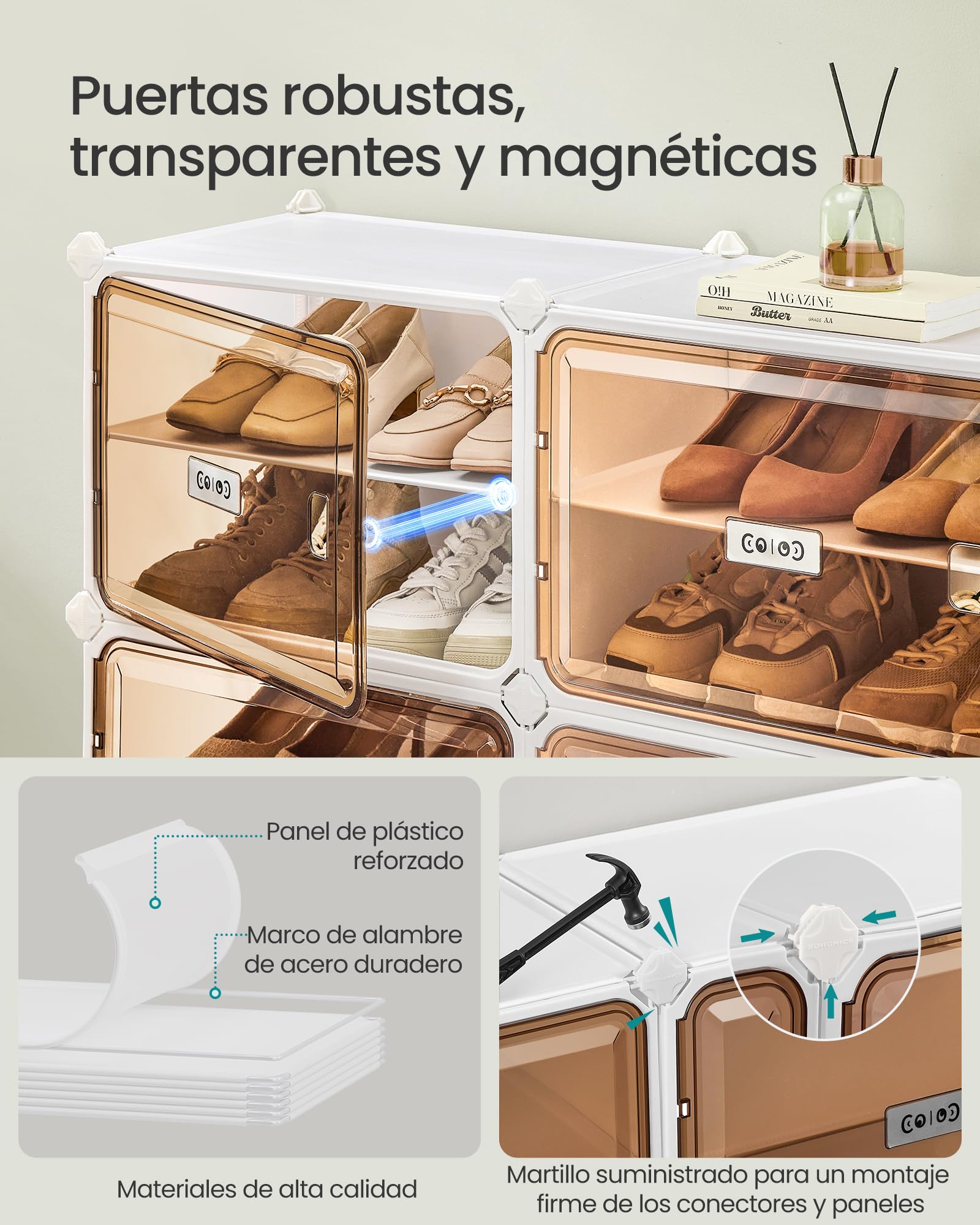 SONGMICS Zapatero de 8 Compartimentos, Zapatero Modular para Recibidor, 30 x 45 x 30 cm por Cubo, Puertas Transparentes, Metal, 32 Pares, Dormitorio, Blanco Nube y Marrón Transparente LPC054WH01