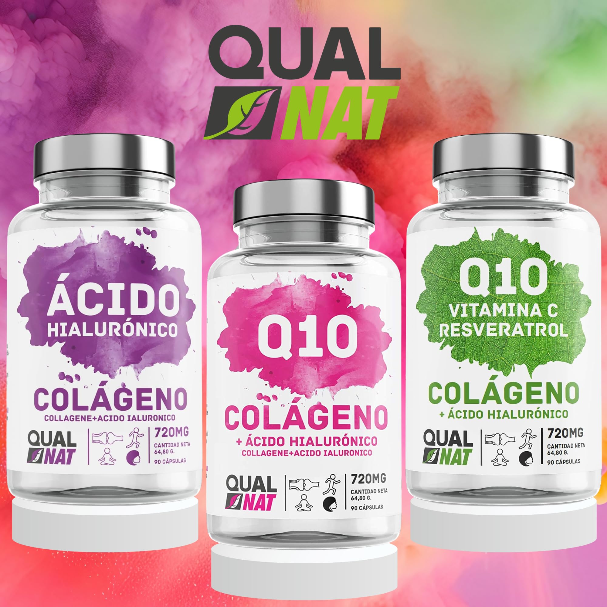 Coenzima Q10 con Resveratrol, Vitamina C, Colágeno y Ácido Hialurónico | Ayuda a Fortalecer Piel, Huesos y Articulaciones - Antioxidante - 180 Cápsulas- QUALNAT
