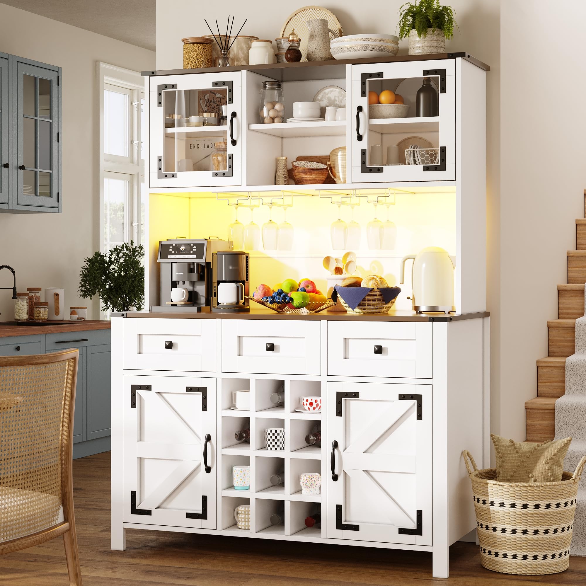 Küchenschrank mit LED-Lichtleiste und USB-Anschlüssen, Hochschrank mit Schublade und Aufbewahrungsschrank, Buffetschrank mit Weinregal, Weiß-B, 120x40x170 cm