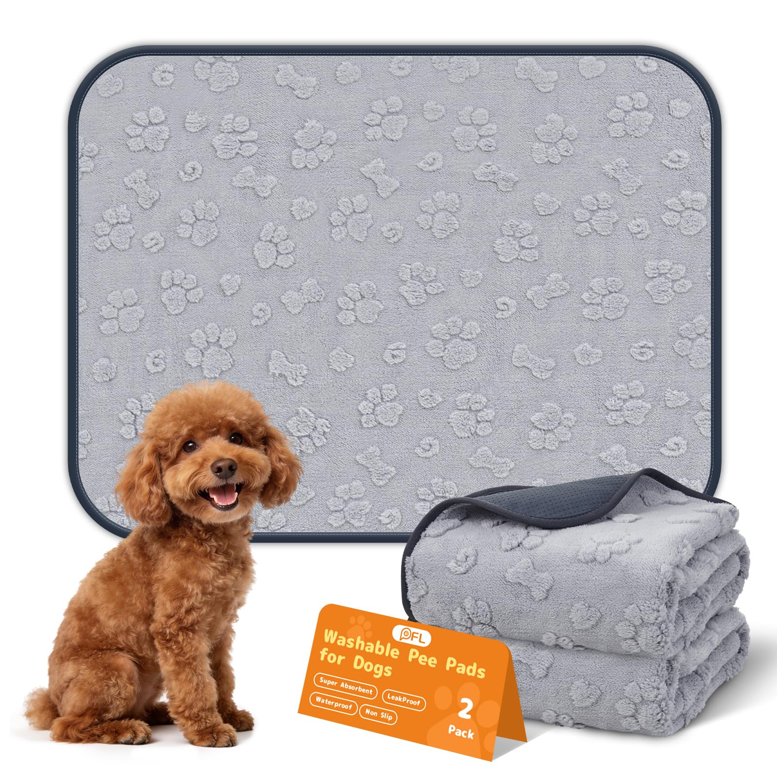PICK FOR LIFE Reusable Dog Training Pads, 2 Pack Washable Puppy Pads, Super Absorbent Waterproof Dog Mat Pee Pads, Fast Drying Training Pads for Home, Car, Travel - 60 x 90 cm (Grey)