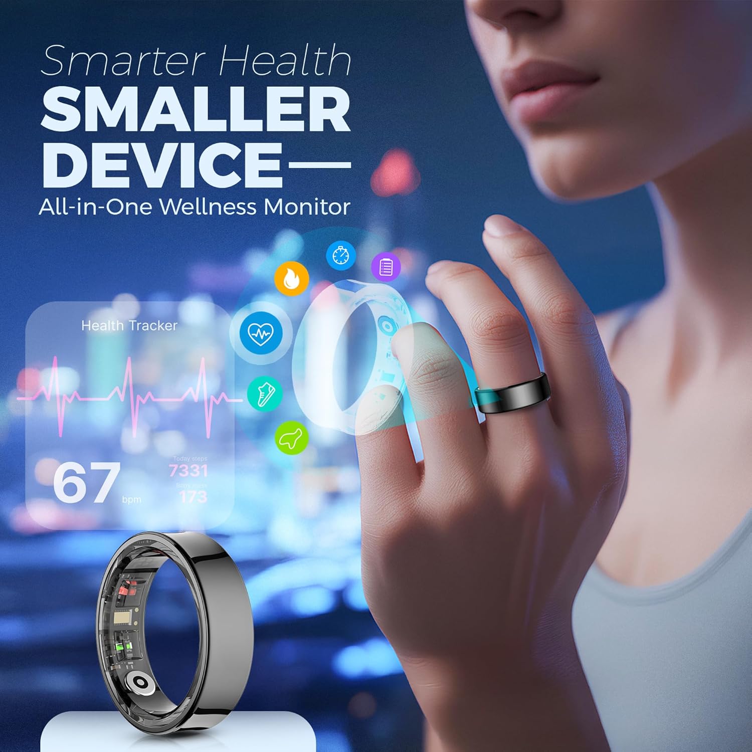 Health Tracker Rings, Smart Rings for Women Men with Heart Rate, Sleep Tracker Wearable, Steps,Calories, No Subscription Fee, IP68 Waterproof Smart Ring for iOS & Android Black - Size 8
