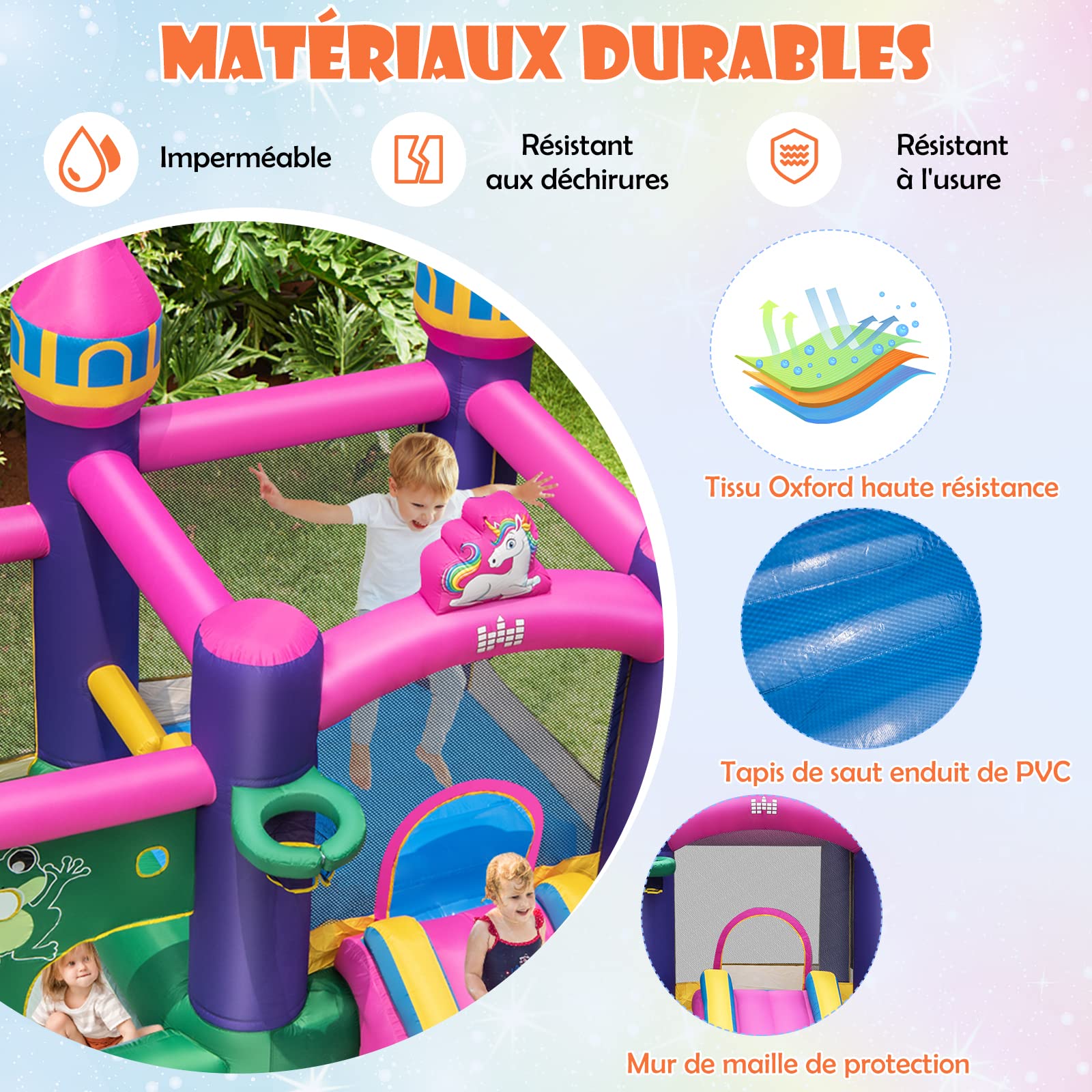 COSTWAY Château Gonflable avec Toboggan et Souffleur 680W, Aire de Jeux Gonflable avec Maison de Saut et Piscine à Balles, Panier de Basket, Intérieur Extérieur, Charge 135kg, 3-10 Ans
