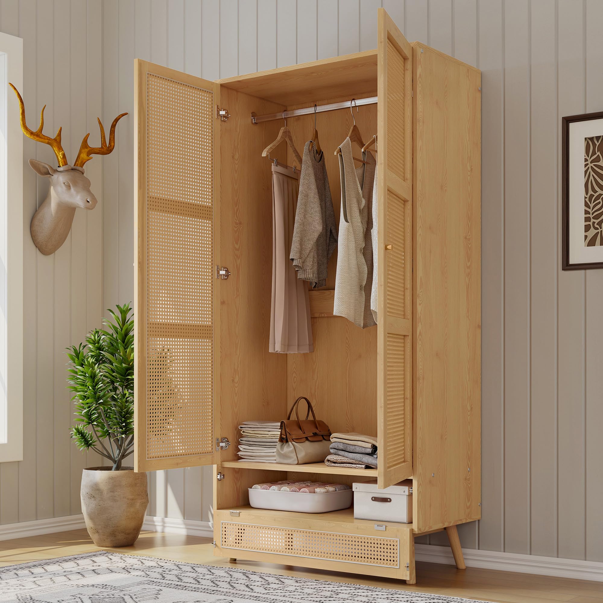 Armadio con asta, armadio a 2 ante, camera da letto, rete in rattan, soggiorno, con coperchio inferiore a ribalta, truciolato+rattan PE, naturale