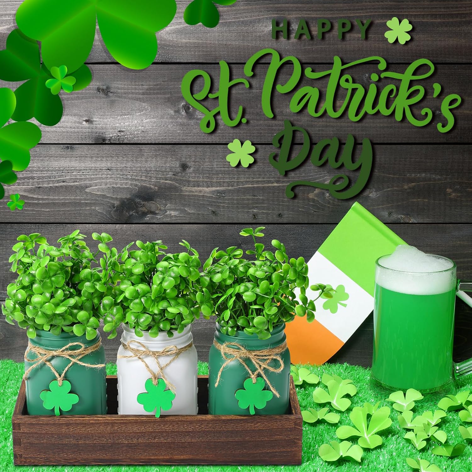 Domensi St Patrick's Day Table Decoration Set Rustic Wood Tray with Artificial Shamrocks Clover Greenery Fake Plants Mason Jar Wooden Tag for Irish Dining Table Centerpiece Supplies - Image 4