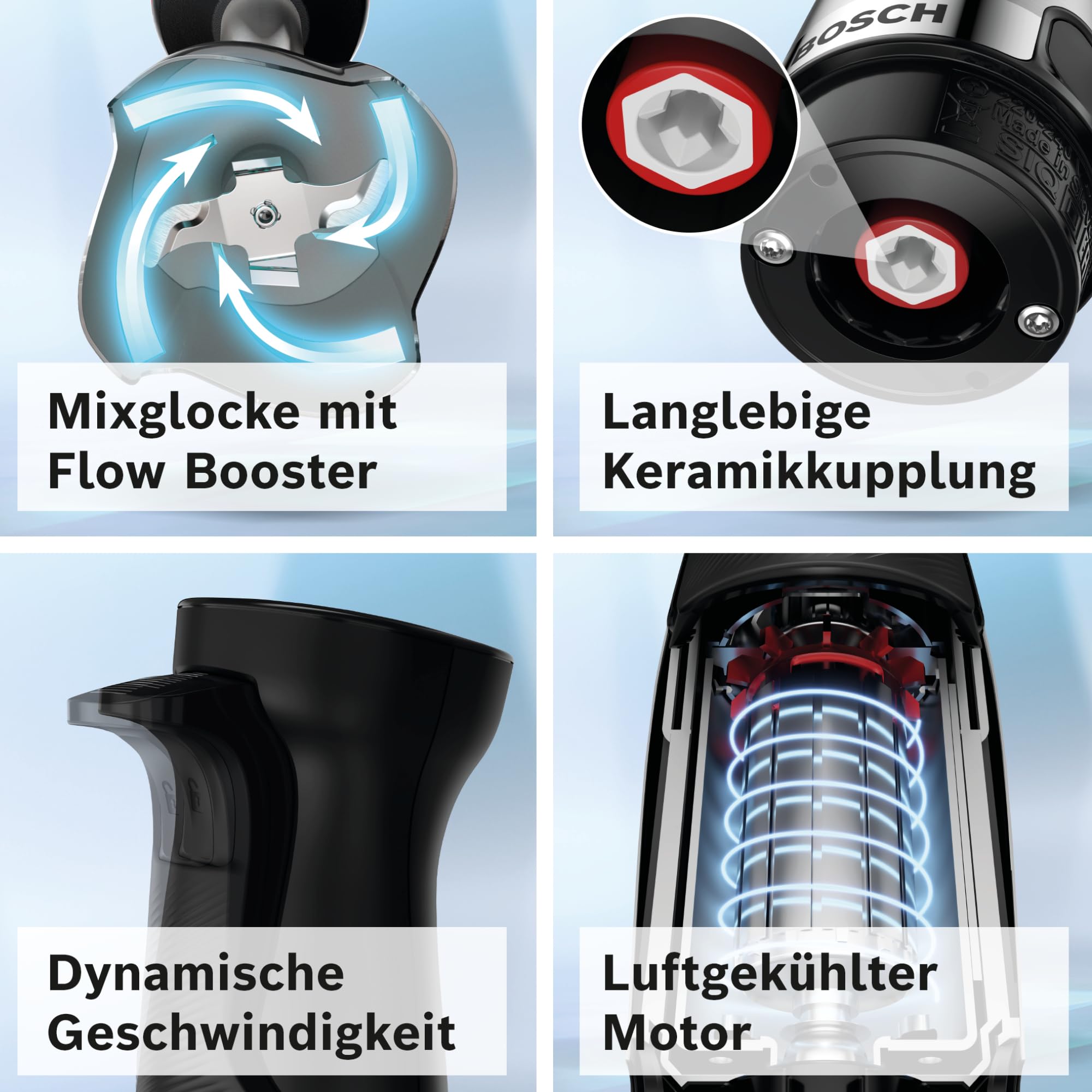 Bosch Stabmixer ErgoMaster Serie 6, mit Zerkleinerer, Schneebesen, Mixbecher, Edelstahl-Klingen, verschleißfreie Keramik-Kupplung, langlebig, Luftkühlung, 1000 W, Edelstahl, MSM6M622