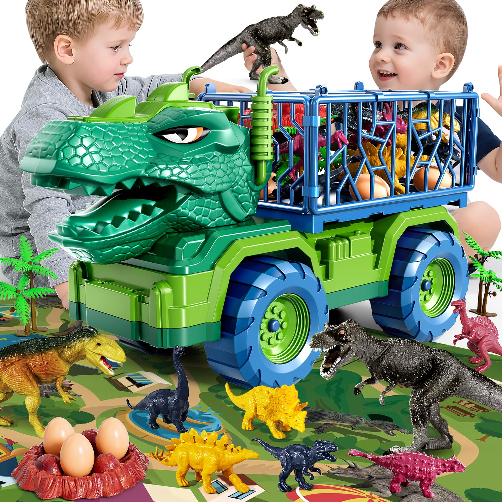 DULONIME Dinosaur Cars Truck Toys for Kids 3-5 with 8 Dinosaur Figures, Play Mat, Dinosaur Egg, Trees, Jurassic Play Set for Boys and Girls Ages 5-7