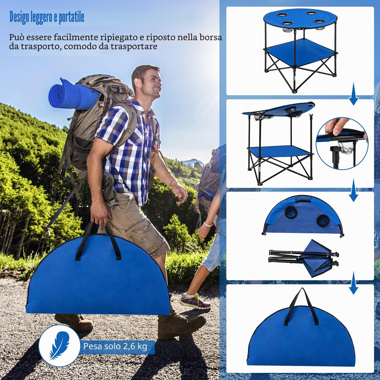 GIANTEX Tavolo da picnic rotondo pieghevole, tavolo da campeggio a 2 livelli con 4 portabicchieri in rete, telaio metallico a forma di X, tessuto Oxford, carico 40 kg, per barbecue, spiaggia, blu