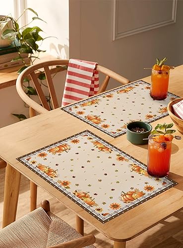 Miniatura 3 de Juego de 4 manteles individuales de tela lavable, manteles individuales coloridos de granja, arte de Acción de Gracias, calabaza, hoja de arce,